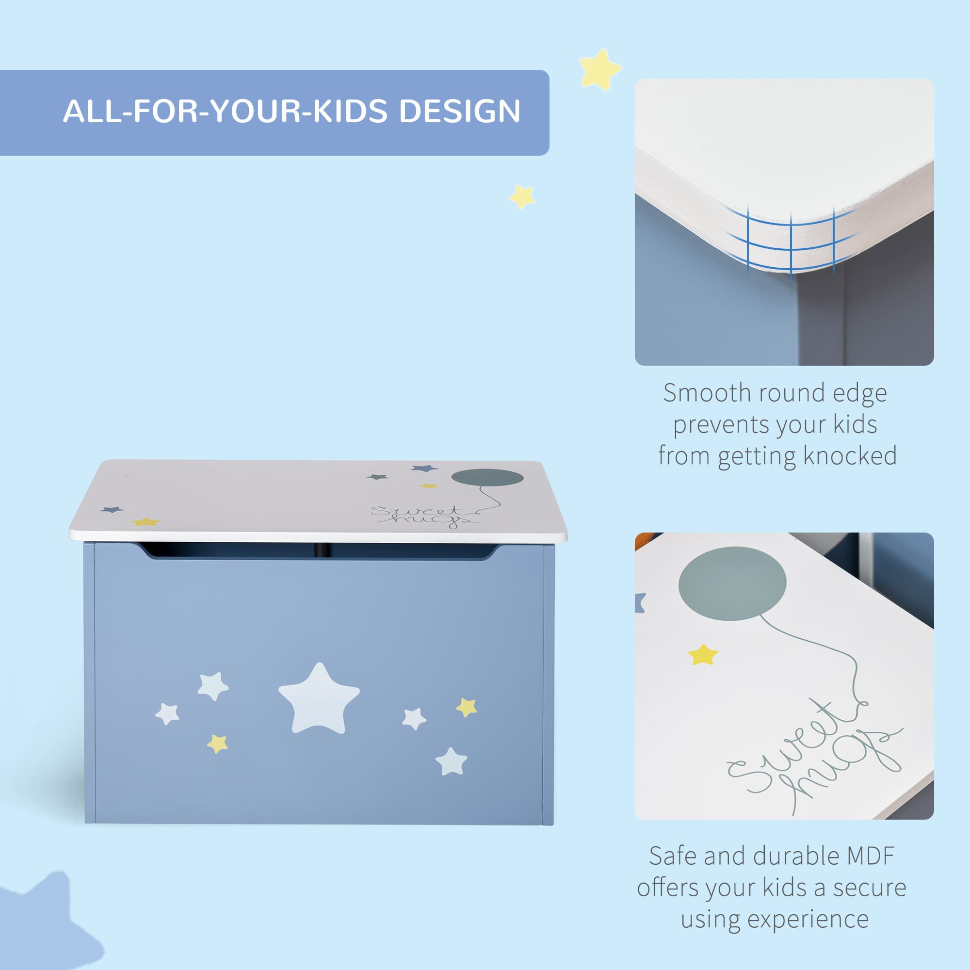 Children's Blue Wooden Toy Chest with Safety Hinge and Star Lid - image 10