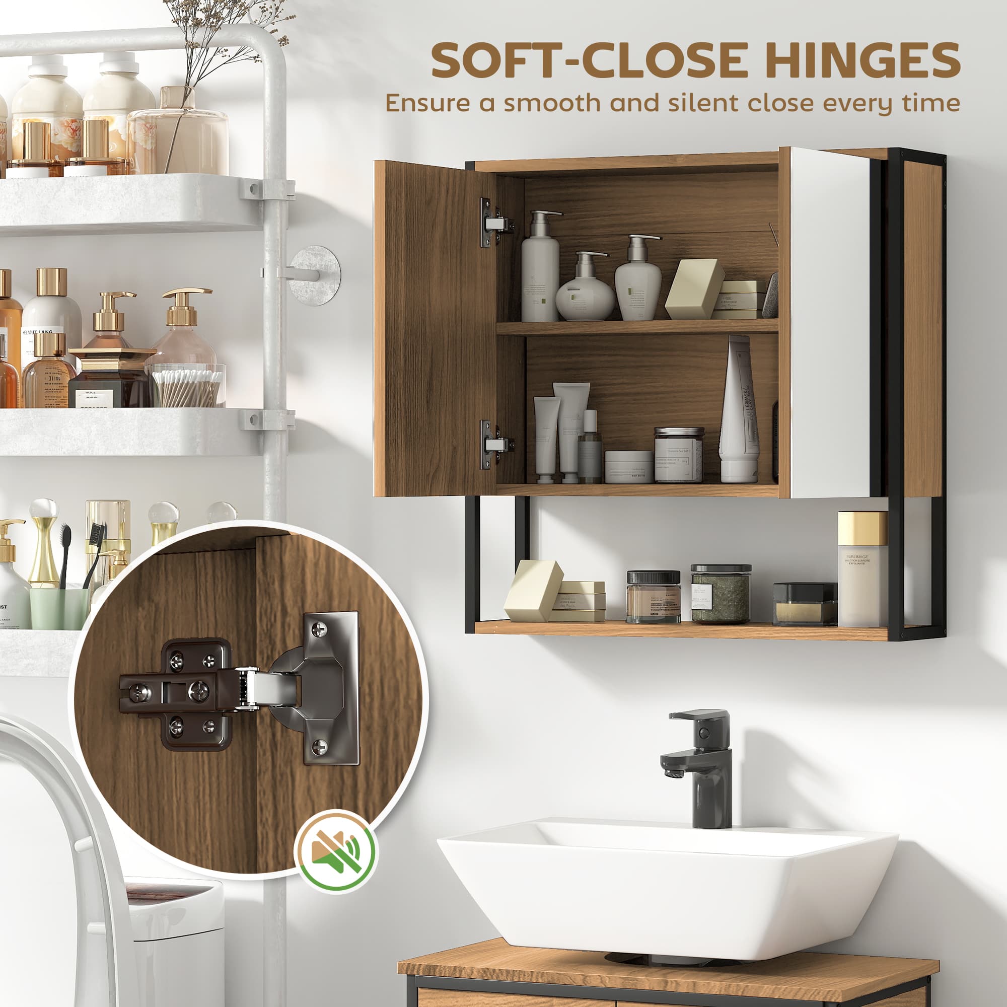 Natural Wood Bathroom Mirror Cabinet with Soft-Close Doors - image 1