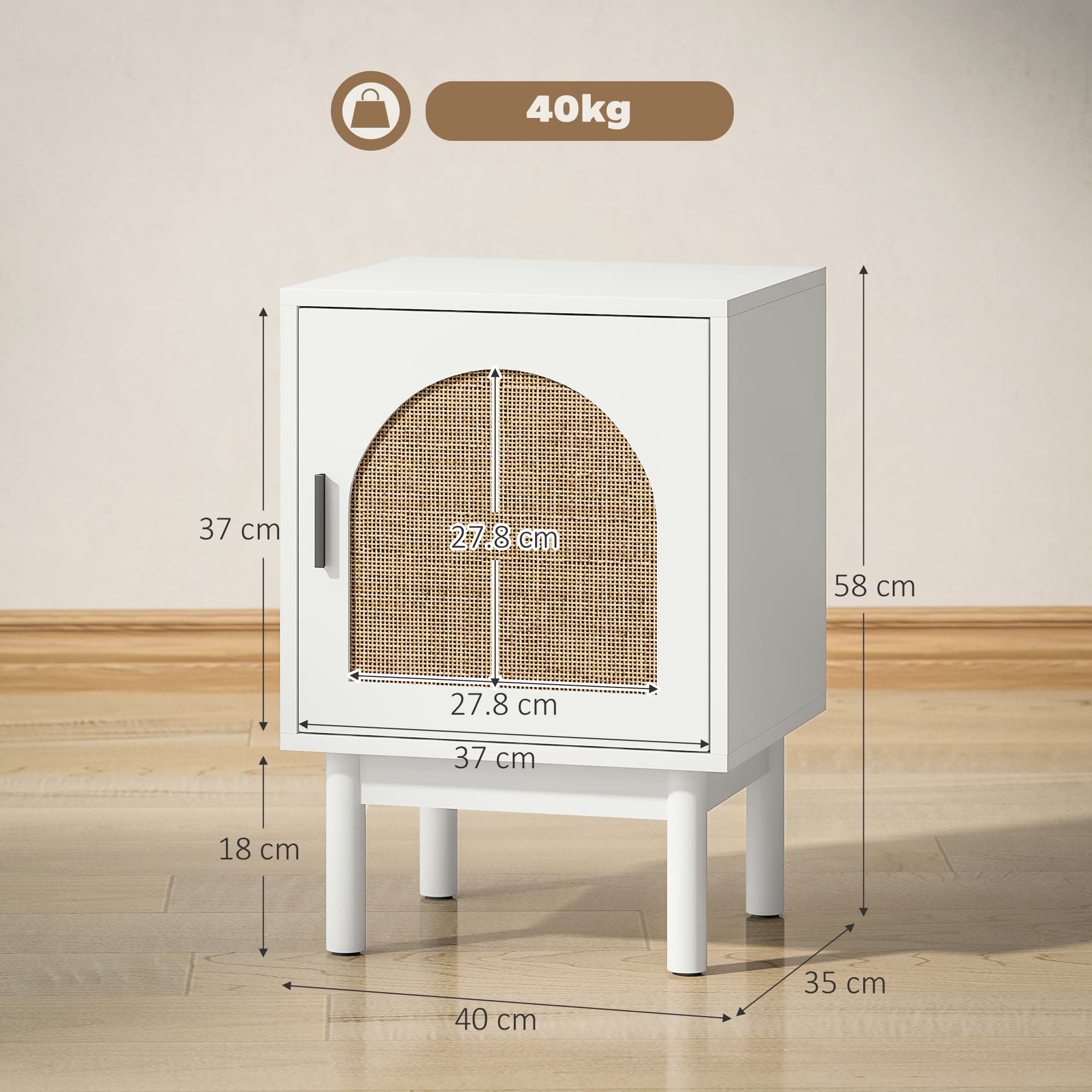 White Rattan Bedside Table with Arched Cabinet Door - image 8