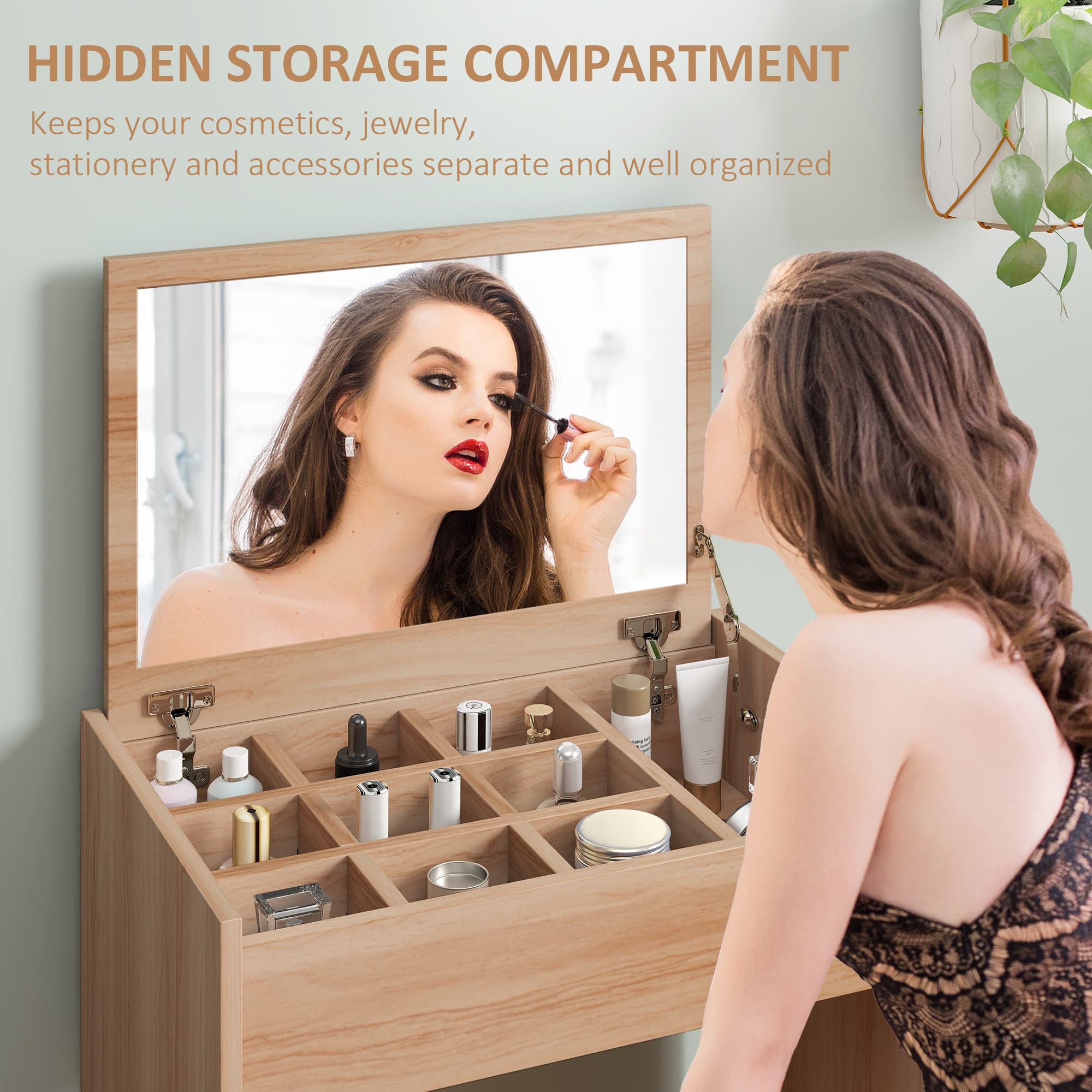 Space-Saving Wood Dressing Table Set with Flip-Up Mirror - image 3