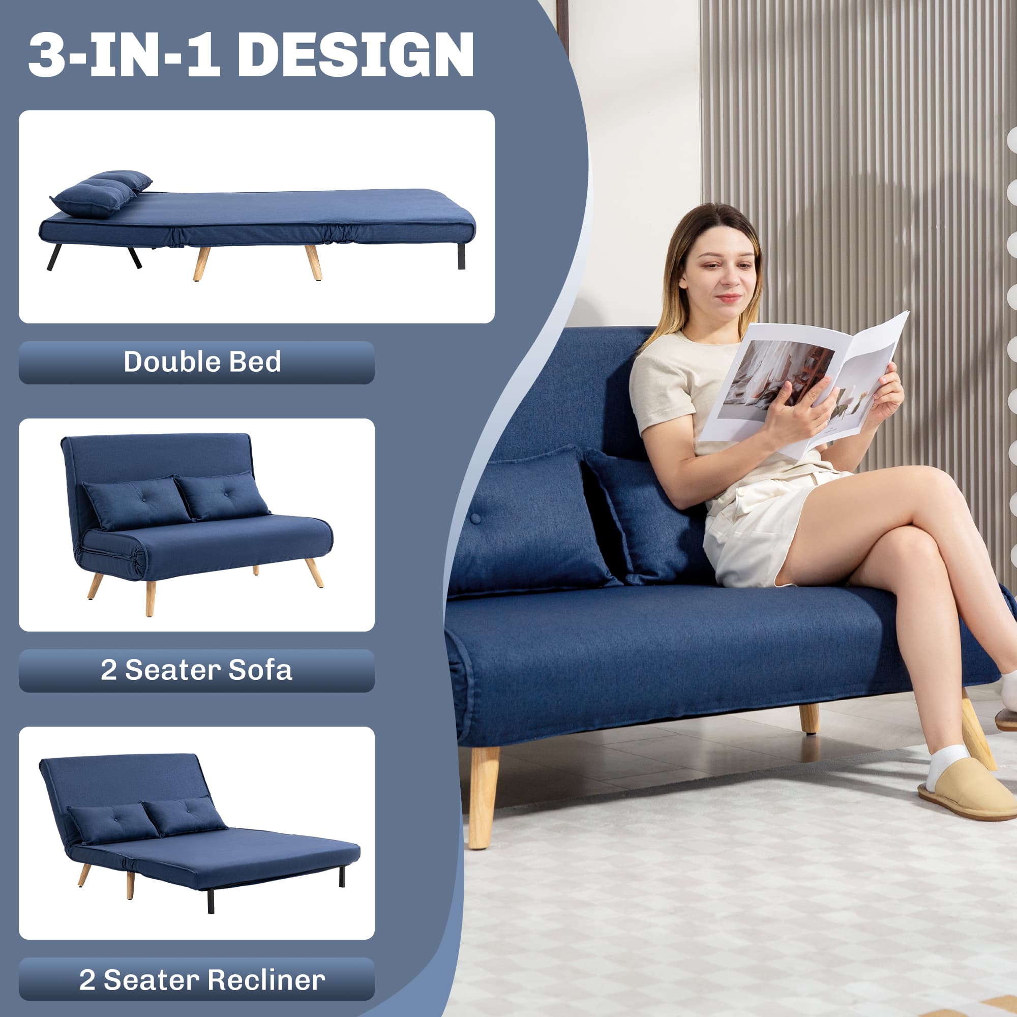 Effortless Dark Blue Two-Seater Click-Clack Sofa Bed - image 2