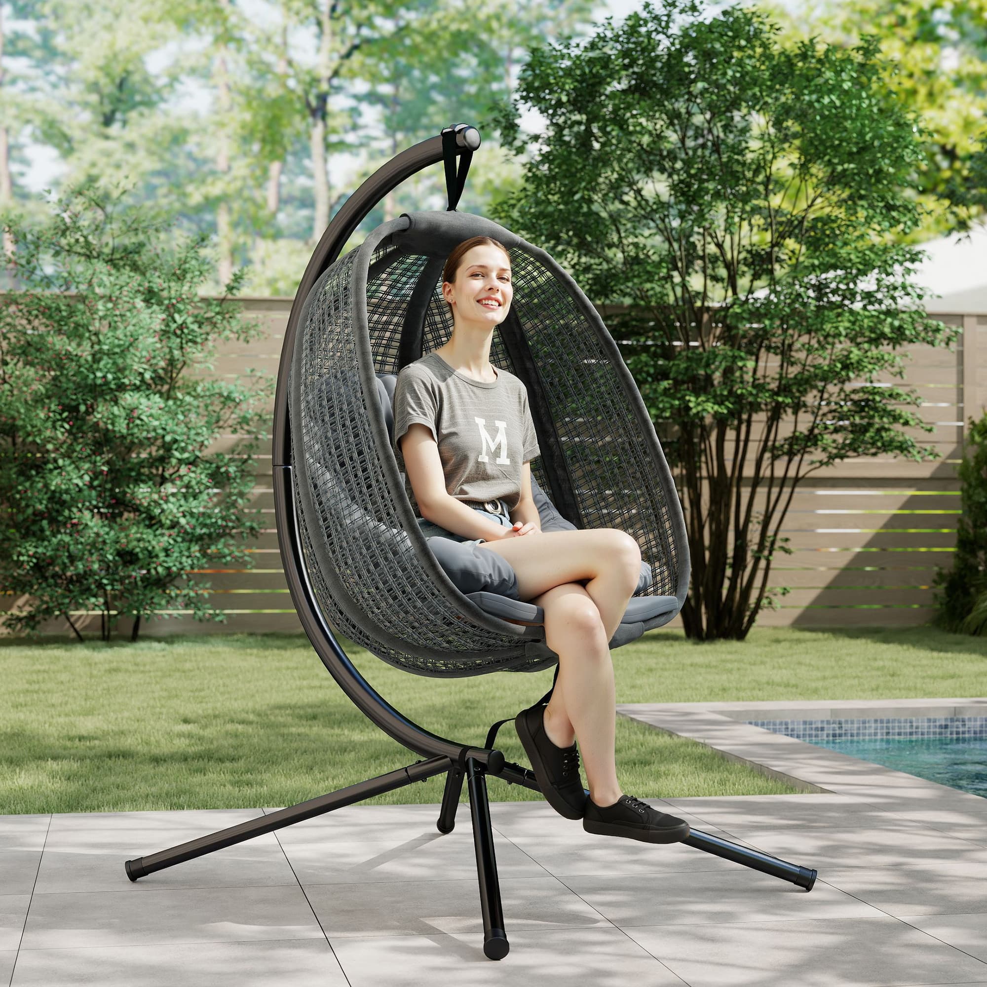 Effortless Comfort: Dark Grey Hanging Egg Chair with Stand - image 1