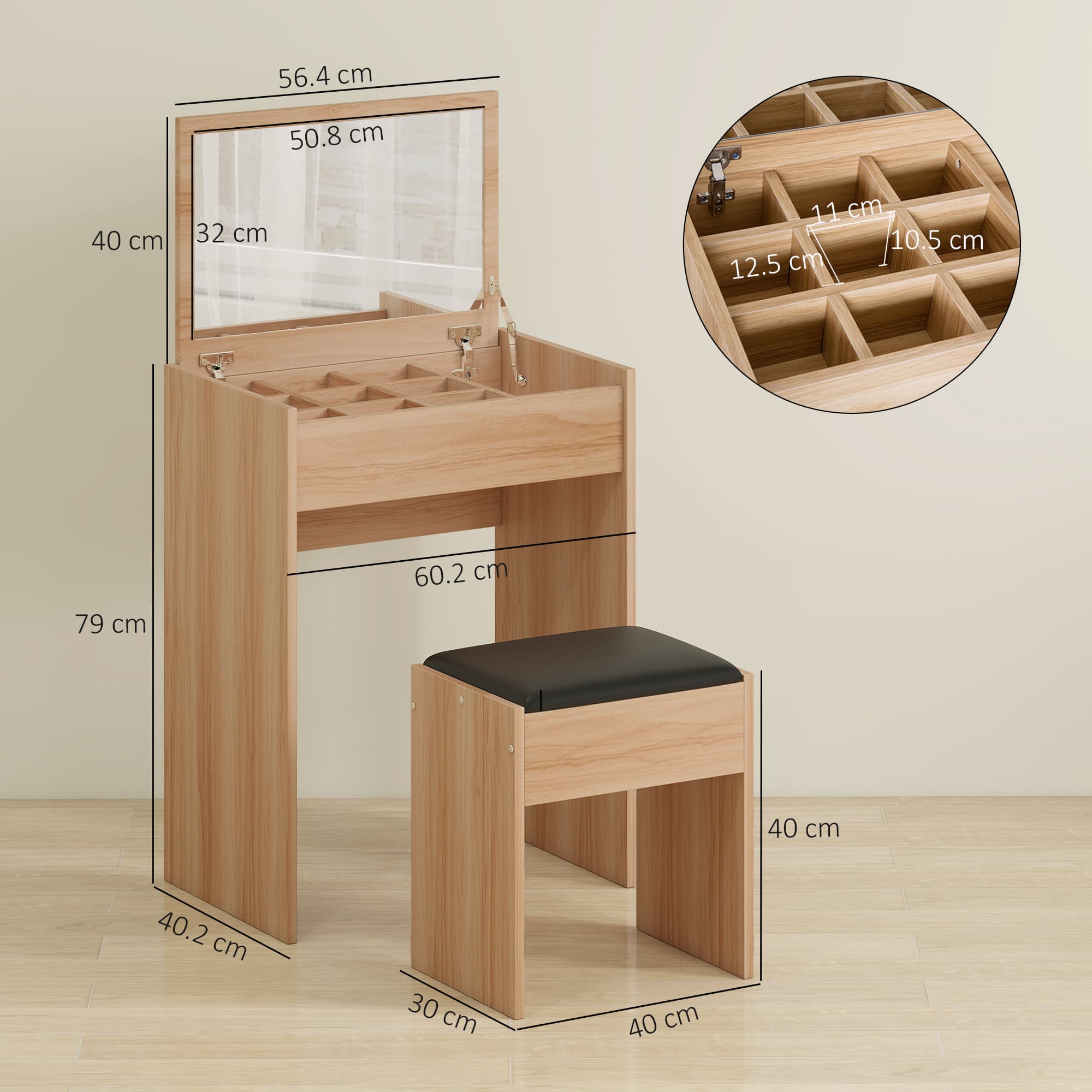 Space-Saving Wood Dressing Table Set with Flip-Up Mirror - image 5