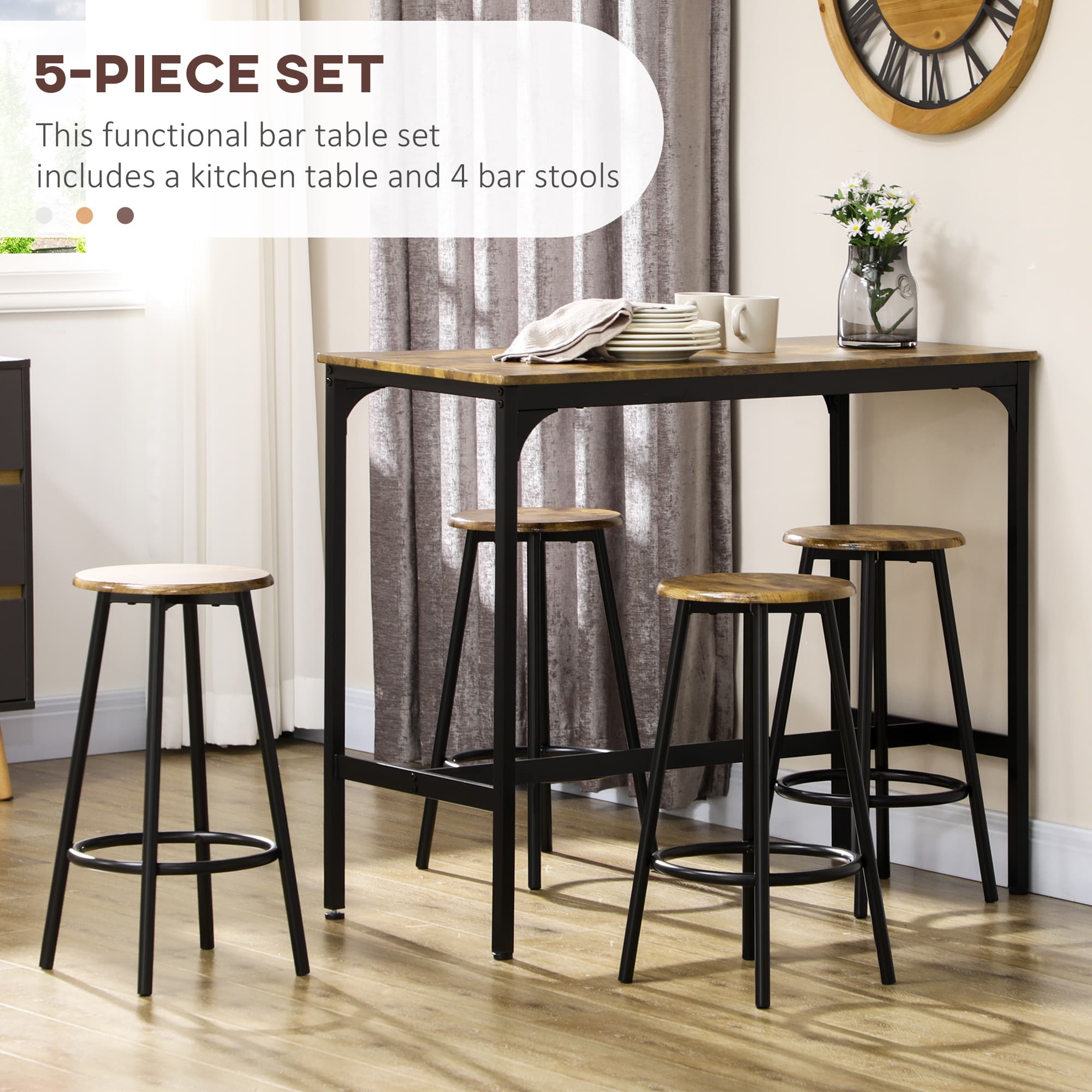 Space-Saving 5-Piece Industrial Breakfast Bar Table Set - image 2