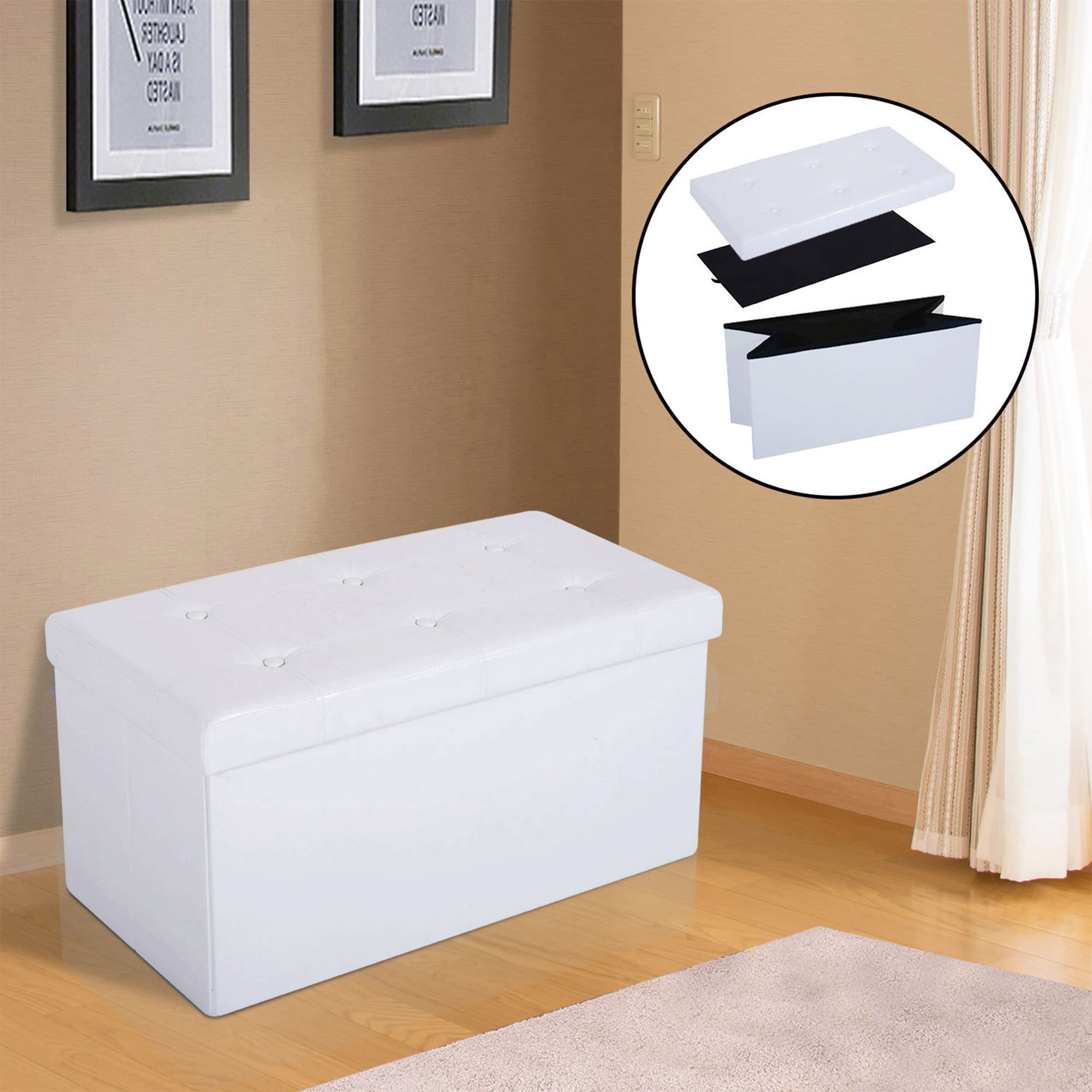 Foldable Storage Ottoman with Tufted White Faux Leather Top - image 7