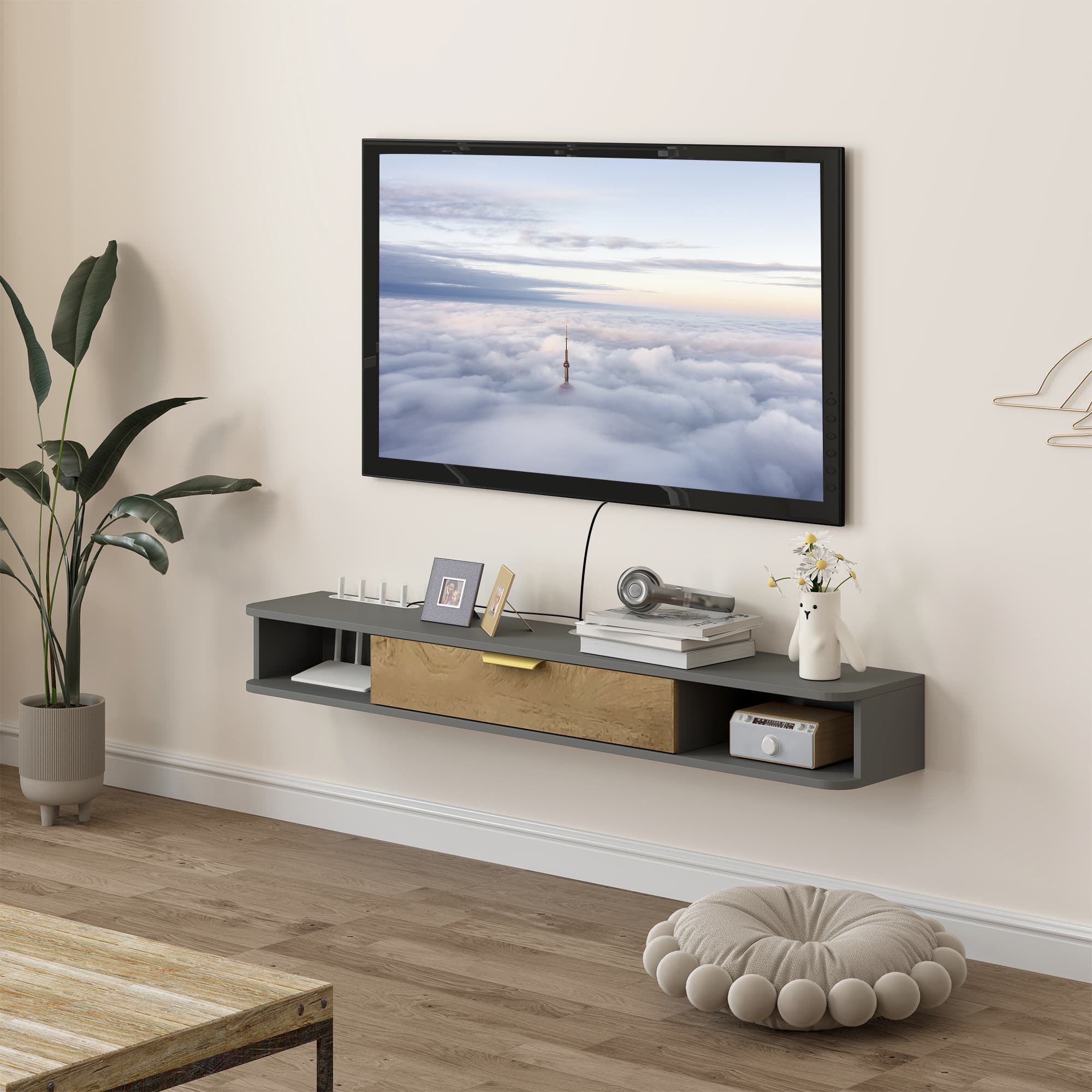 Wall-Mounted TV Stand with Open Shelves and Storage Door - image 6