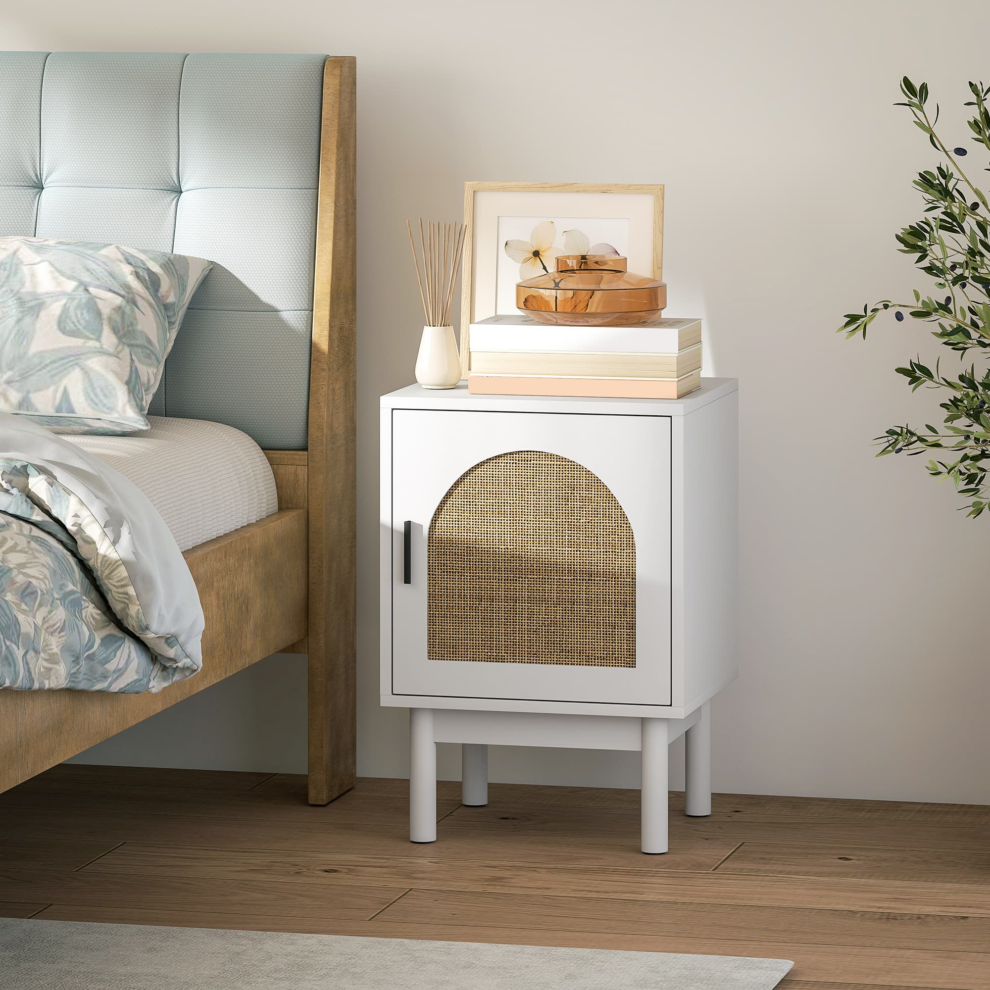 White Rattan Bedside Table with Arched Cabinet Door - image 9