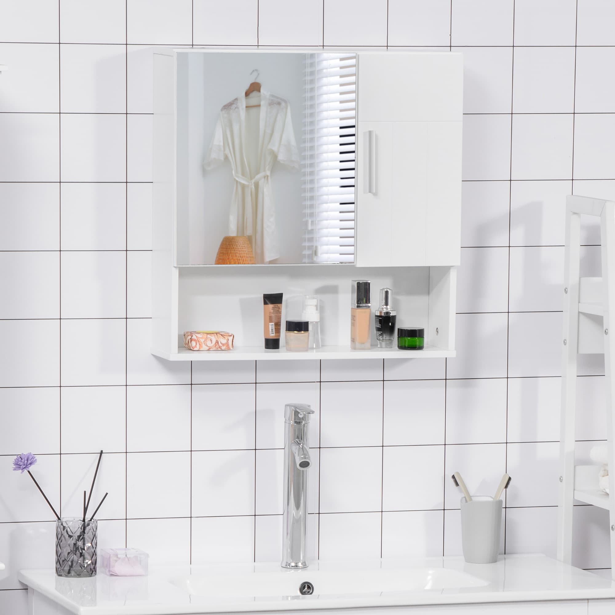 White Bathroom Mirror Cabinet with Storage - image 3
