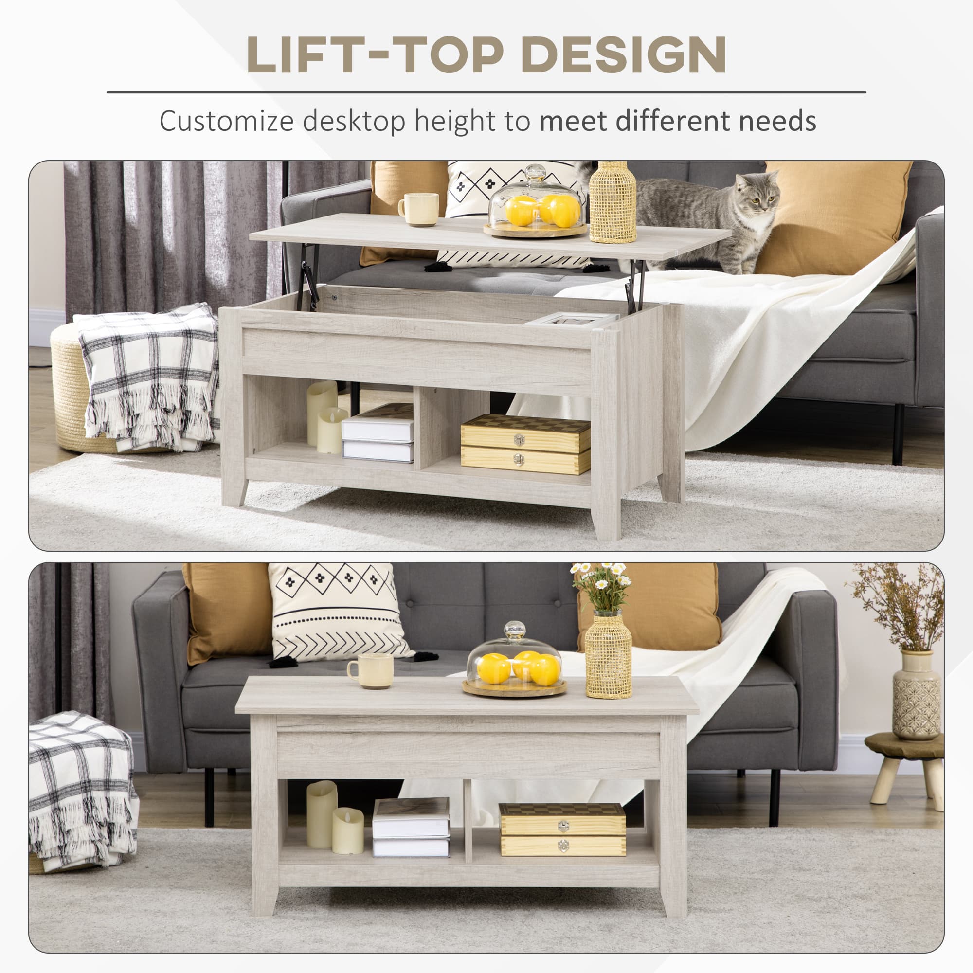 Oak-effect lift-top coffee table opened to reveal hidden storage compartment in a small UK flat living room