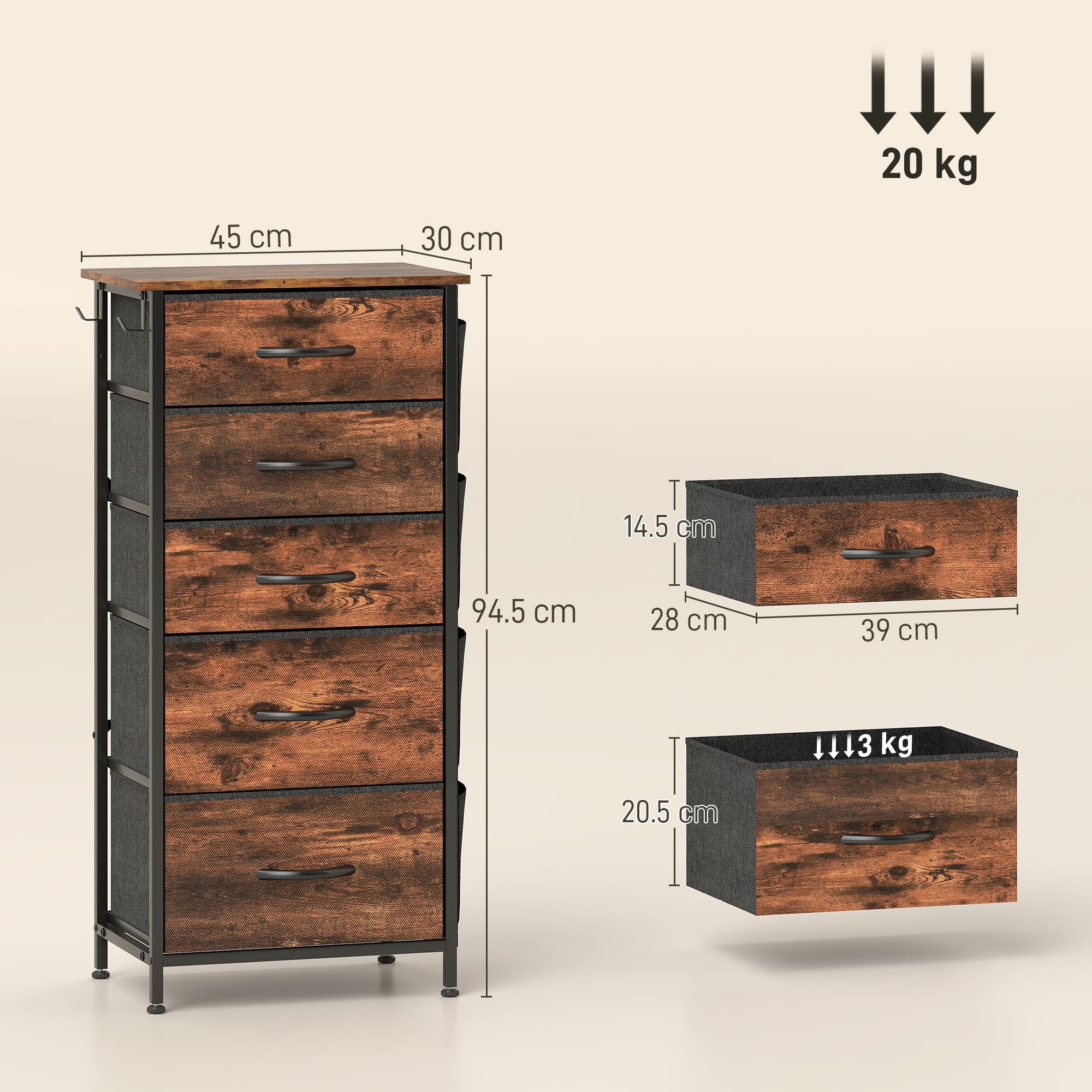 Fabric Chest of 5 Drawers in Rustic Brown — Bedroom Clothes Storage - image 6