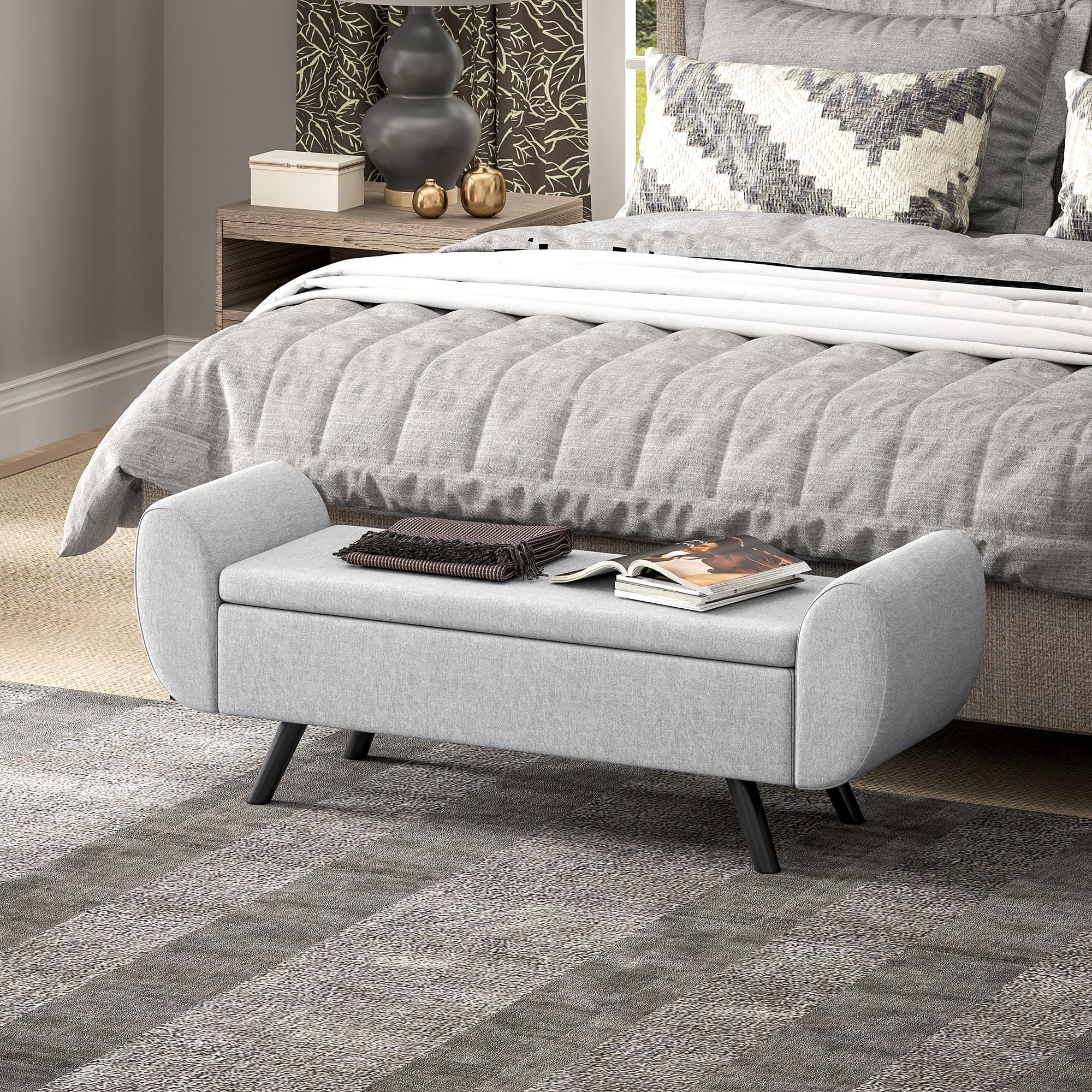 Light Grey Linen Storage Bench With Elegant Armrests - image 1