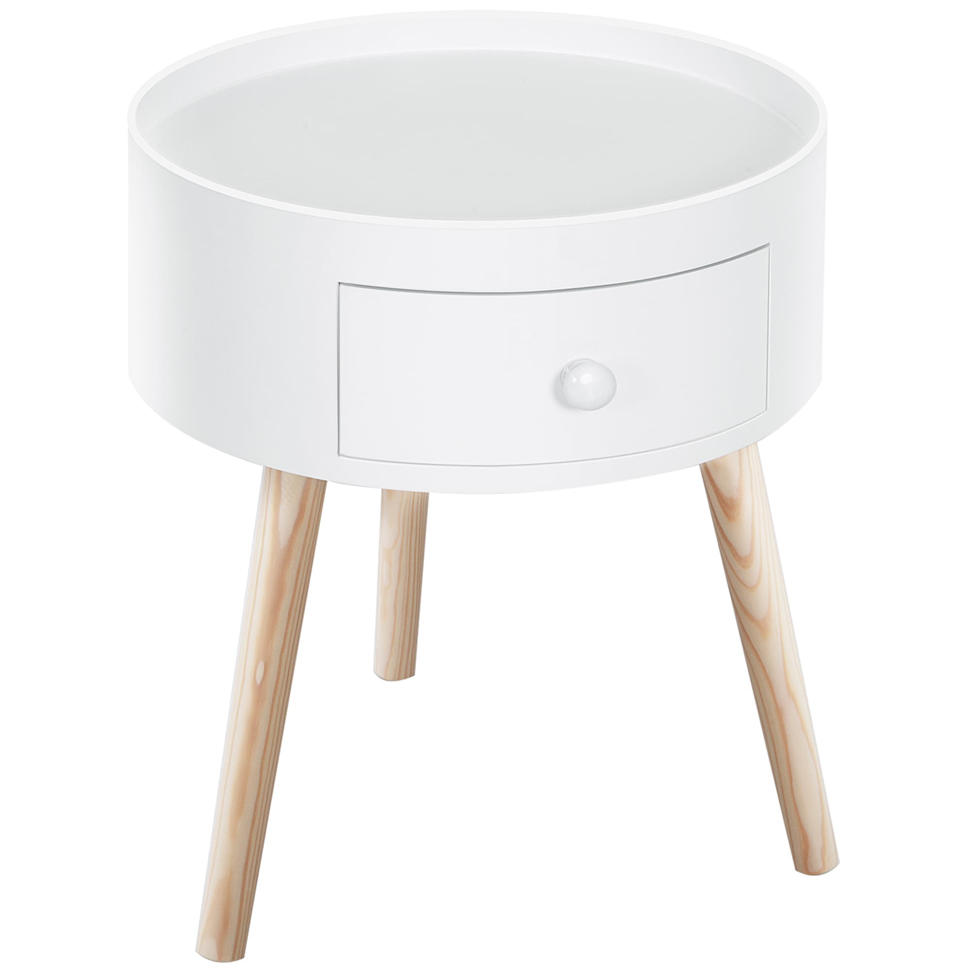White Round Side Table with Handy Hidden Storage - White Natural wood colour