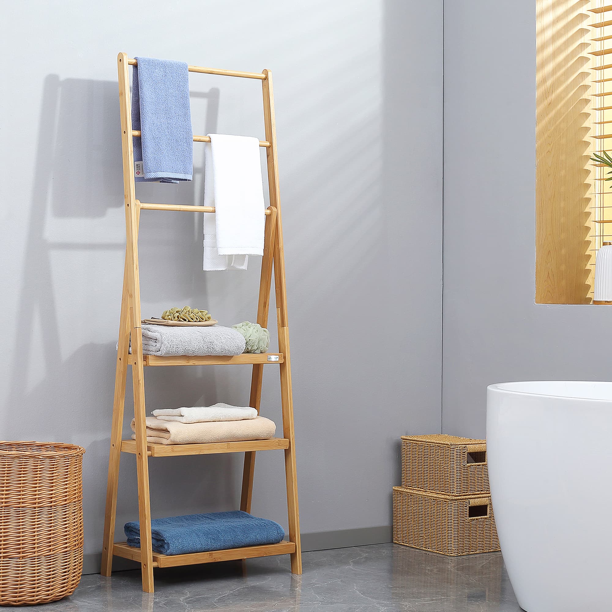 Bamboo Freestanding Towel Rack With 3 Hanging Rails and 3 Shelves - image 9