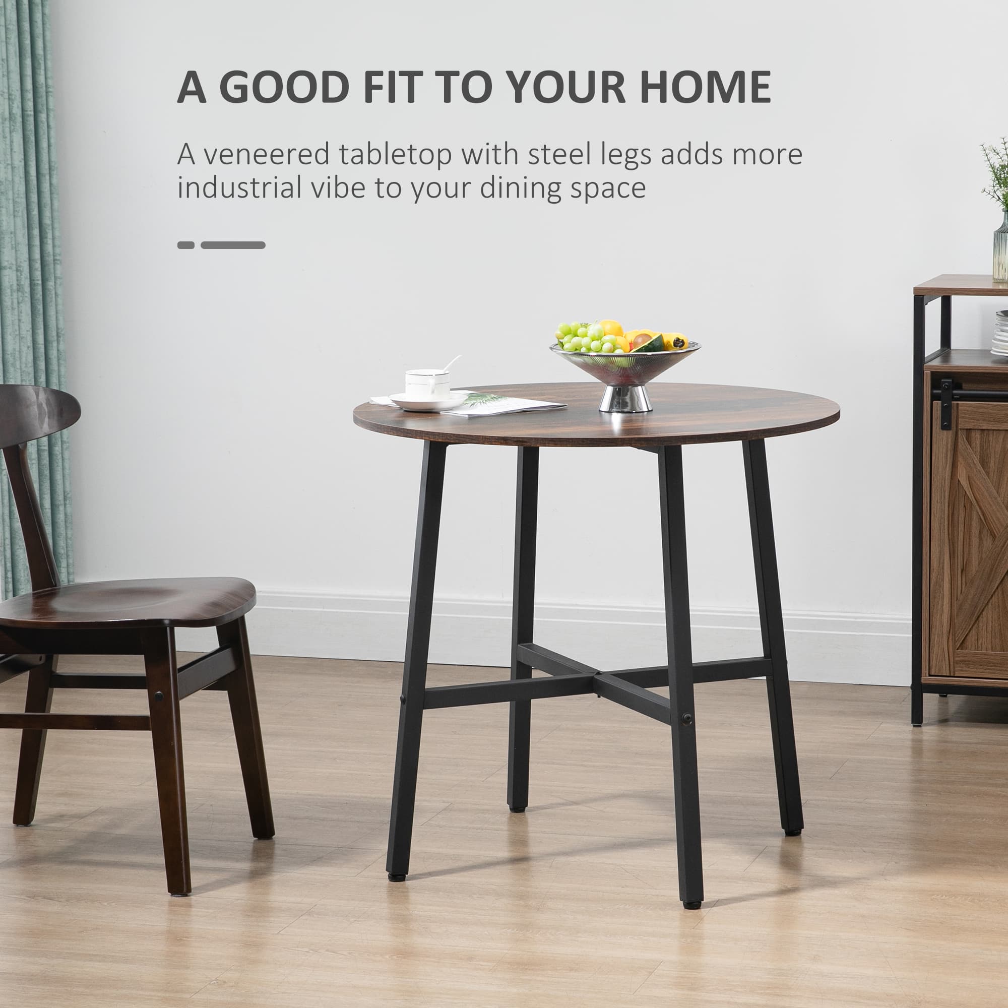 Rustic Brown Round Dining Table with Industrial Steel Legs - image 4