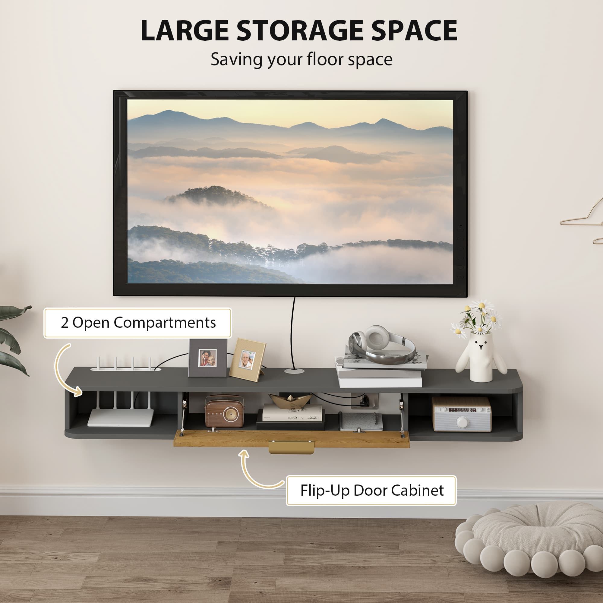 Wall-Mounted TV Stand with Open Shelves and Storage Door - image 7