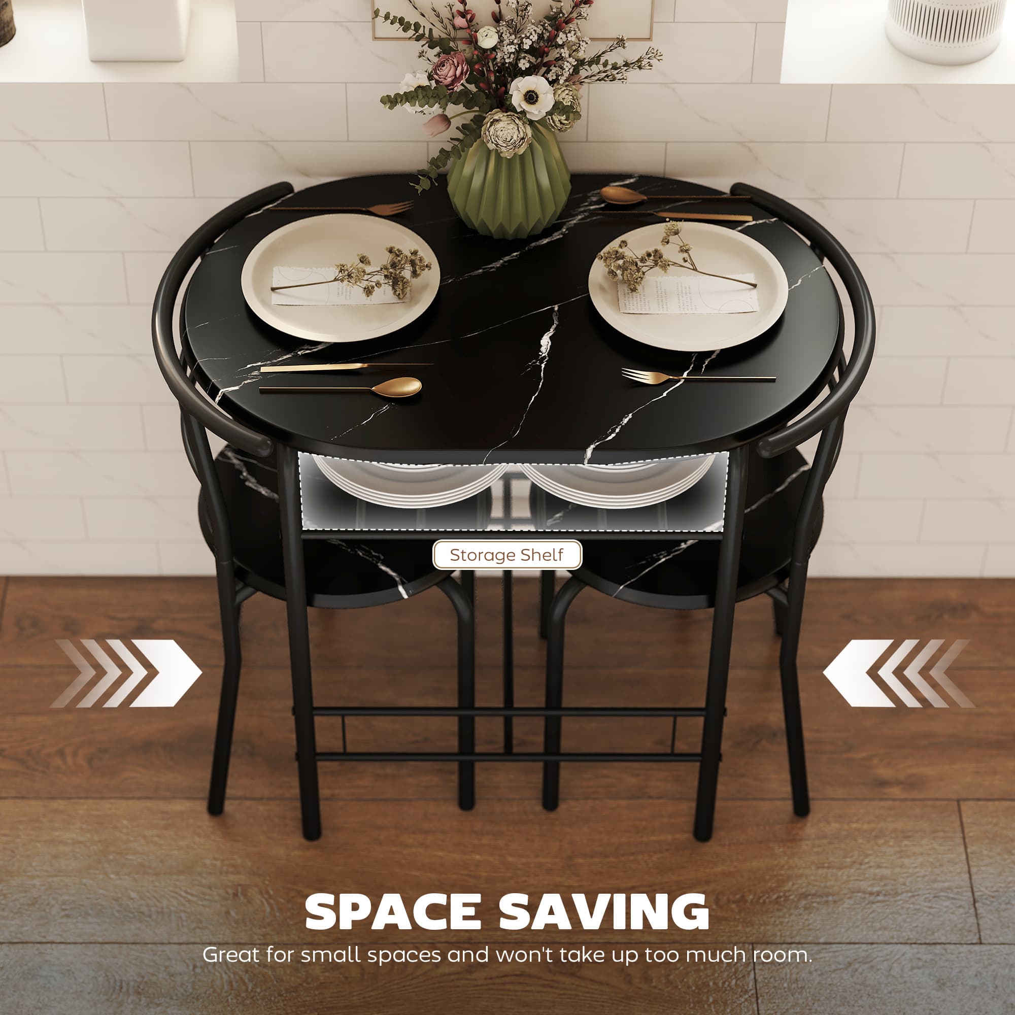 Compact Black Dining Set for Two with Storage Shelf - image 2