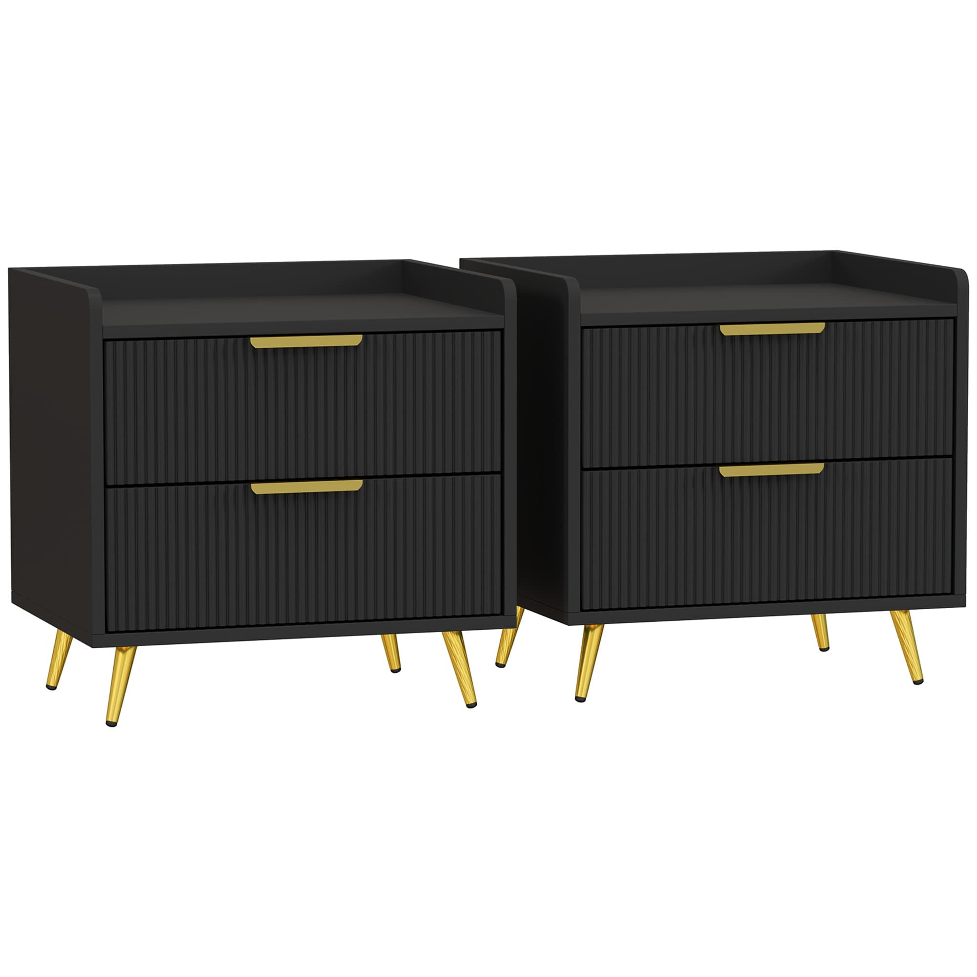 Premium Black Two-Drawer Bedside Tables with Gold Accents - Black