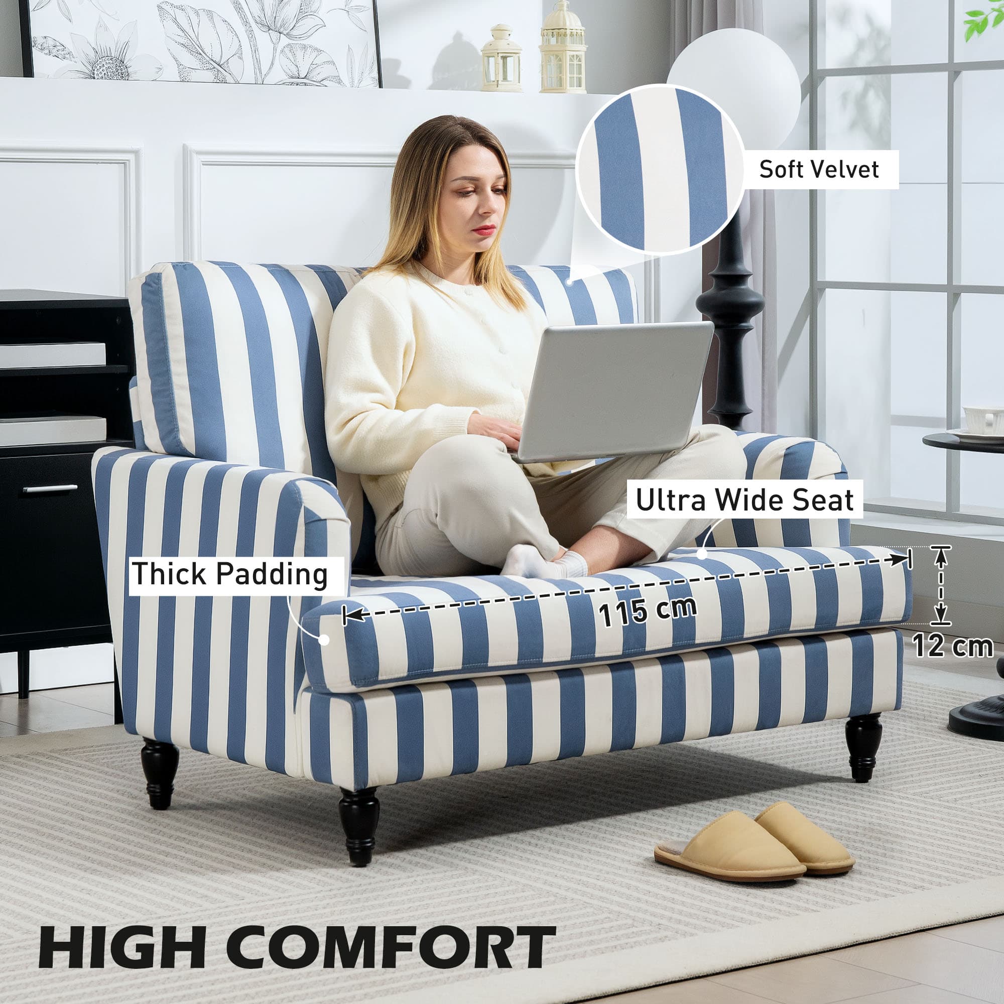 Sink Into Comfort With This Blue & White Velvet Snuggle Chair - image 5