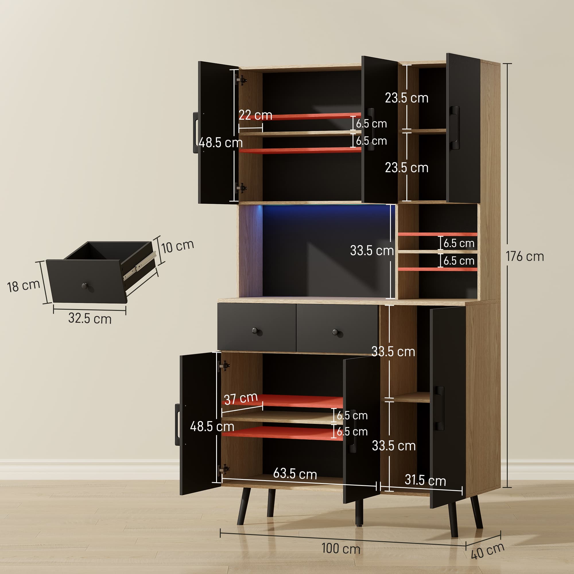 176cm Oak & Black Kitchen Cupboard with Smart LED Lighting - image 3