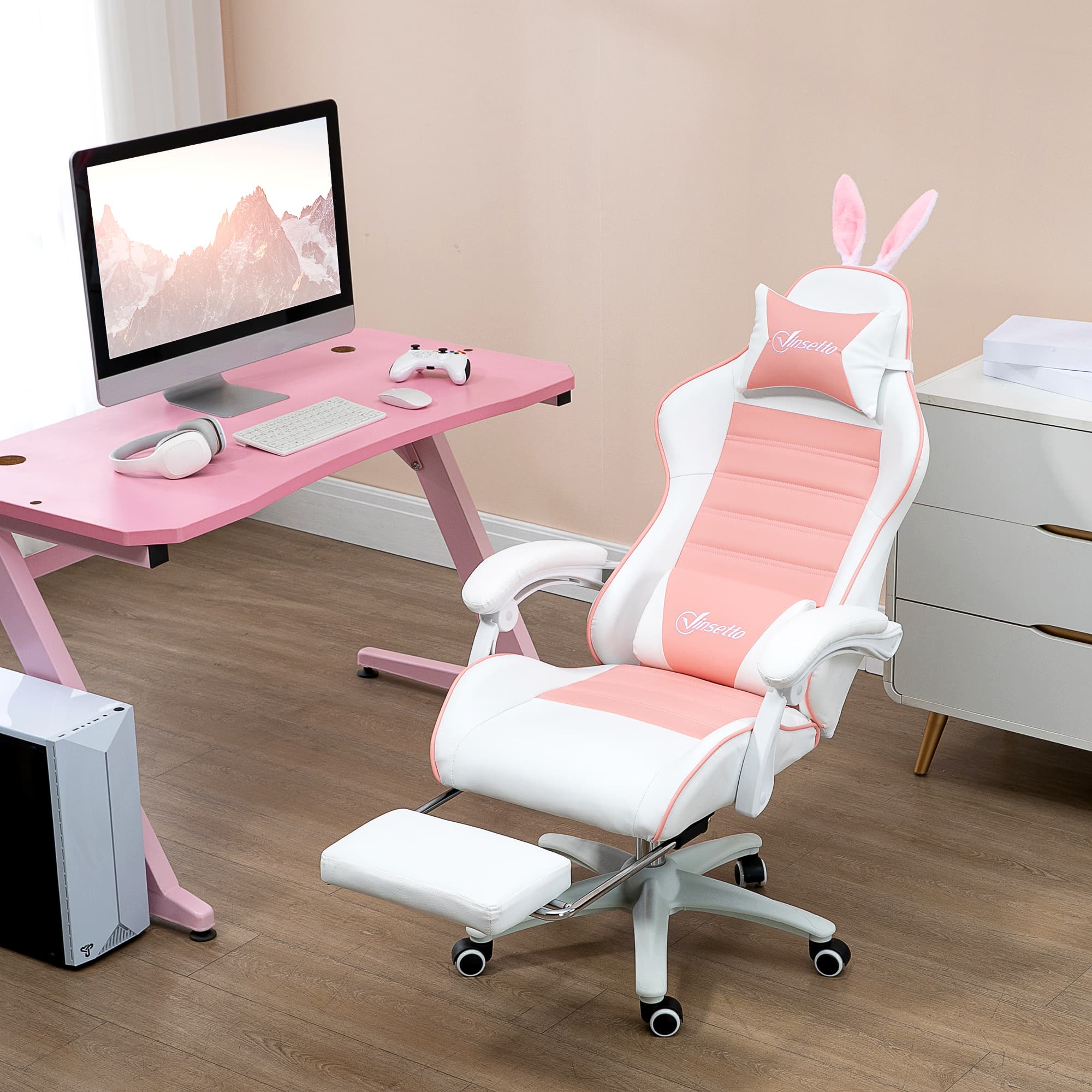 Pink Reclining Gaming Chair with Playful Bunny Ears - image 4