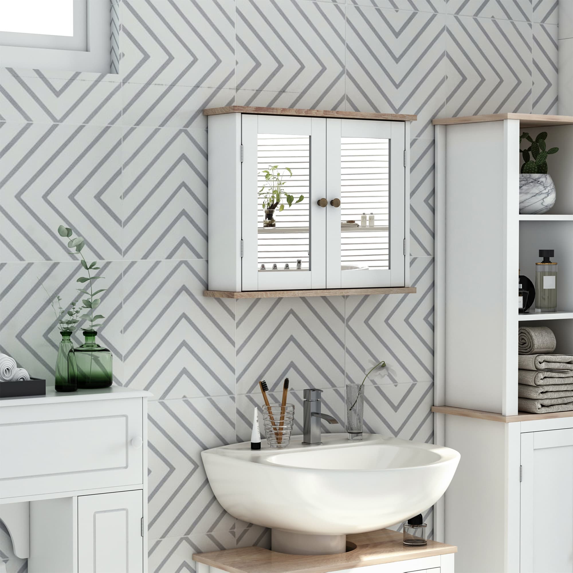 Wall-Mounted Bathroom Cabinet with Double Mirrored Doors — White and Oak Trim - image 6