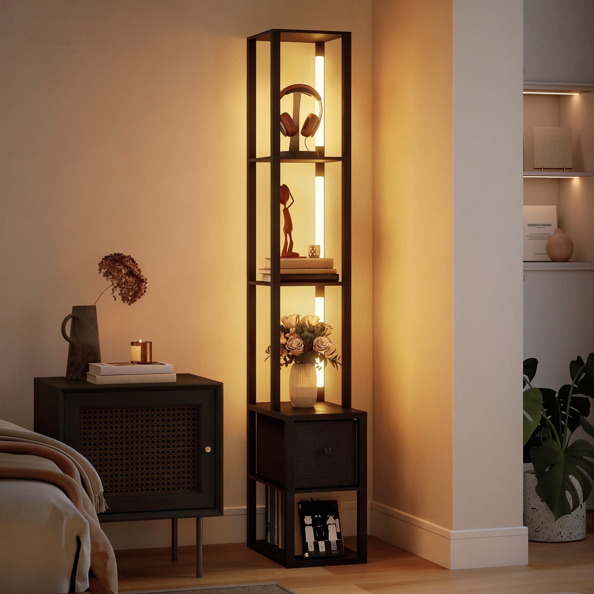 Modern Black LED Floor Lamp with Integrated Storage Shelves - image 4