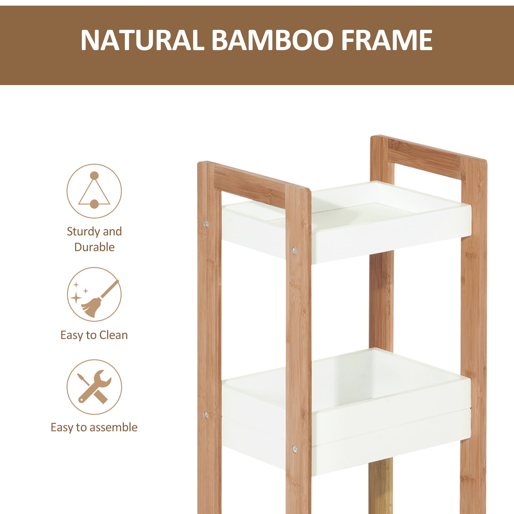 Slim Bamboo Bathroom Rack with Three White Storage Tiers - image 7