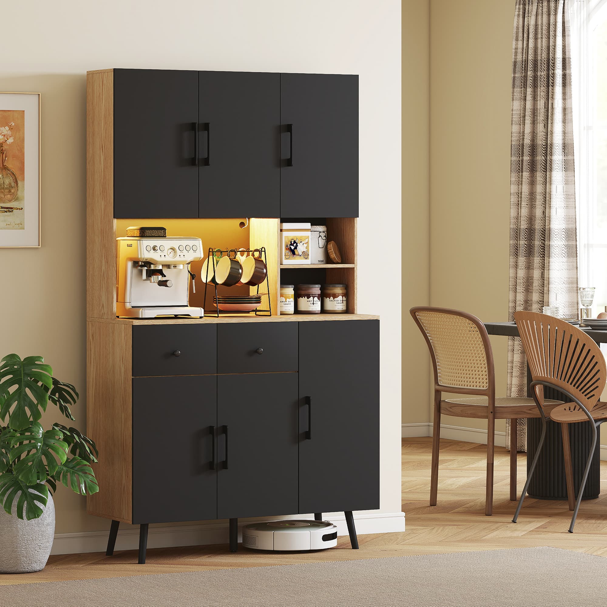 176cm Oak & Black Kitchen Cupboard with Smart LED Lighting - image 2