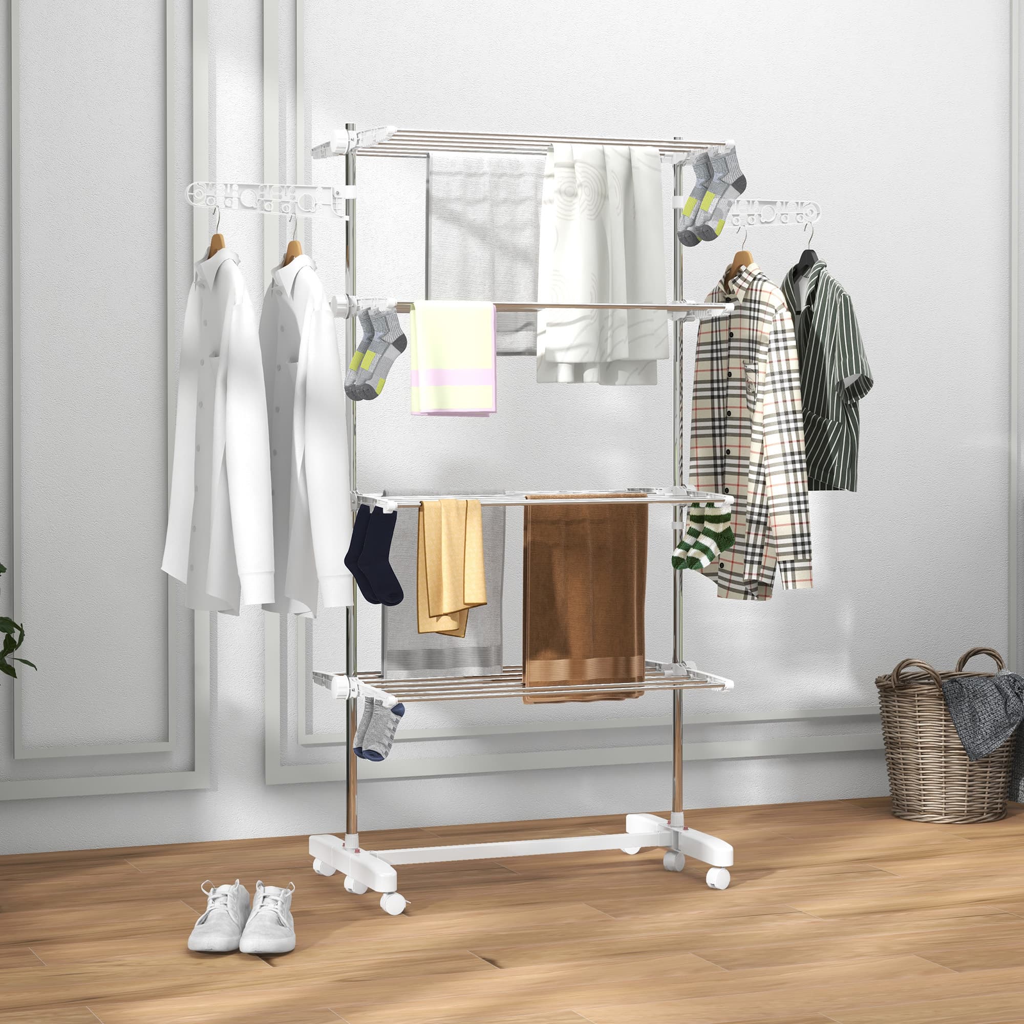 Four-Tier Clothes Horse with Foldable Side Arms and Braked Wheels - image 6