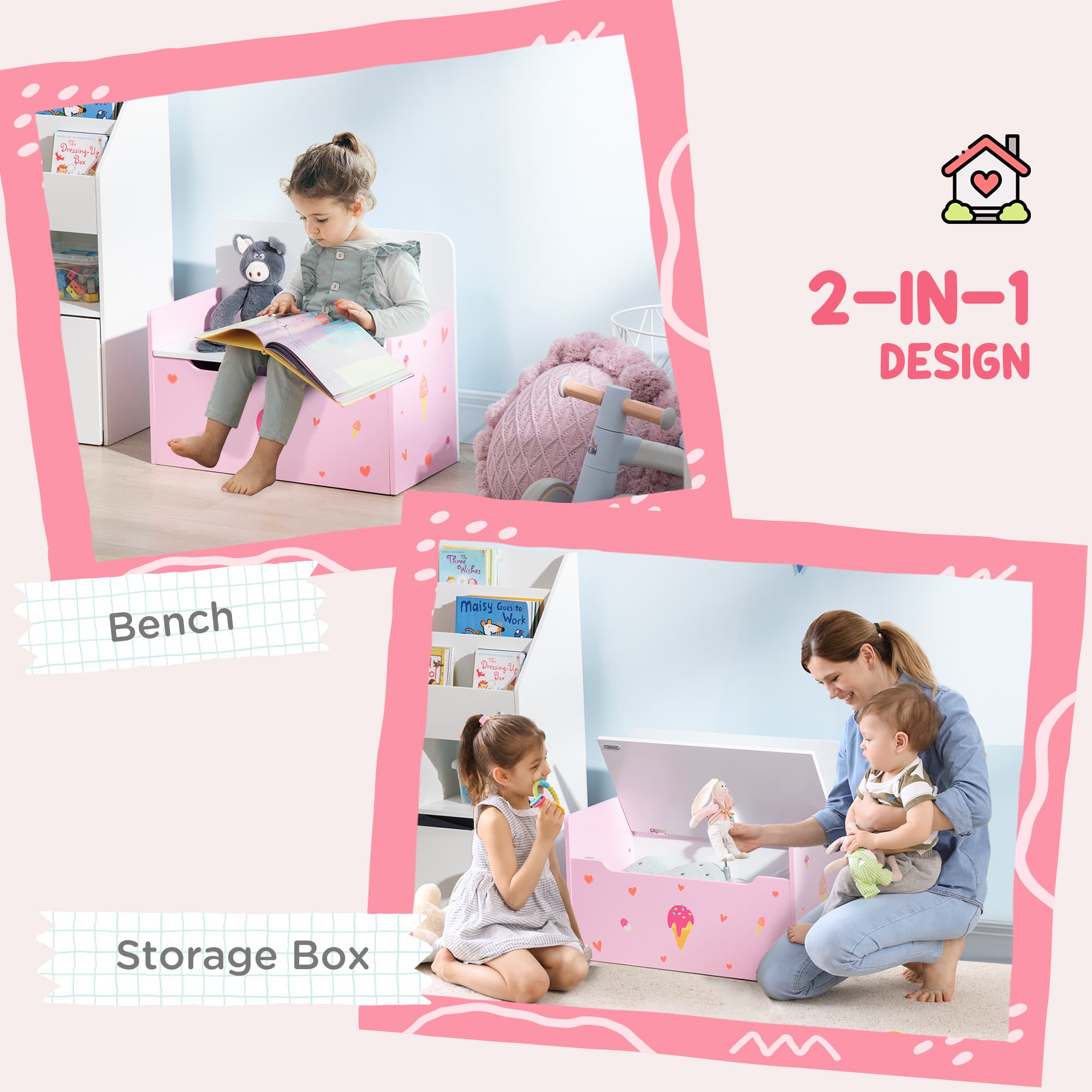 Children's Pink Toy Box and Storage Bench with Safety Lid - image 10