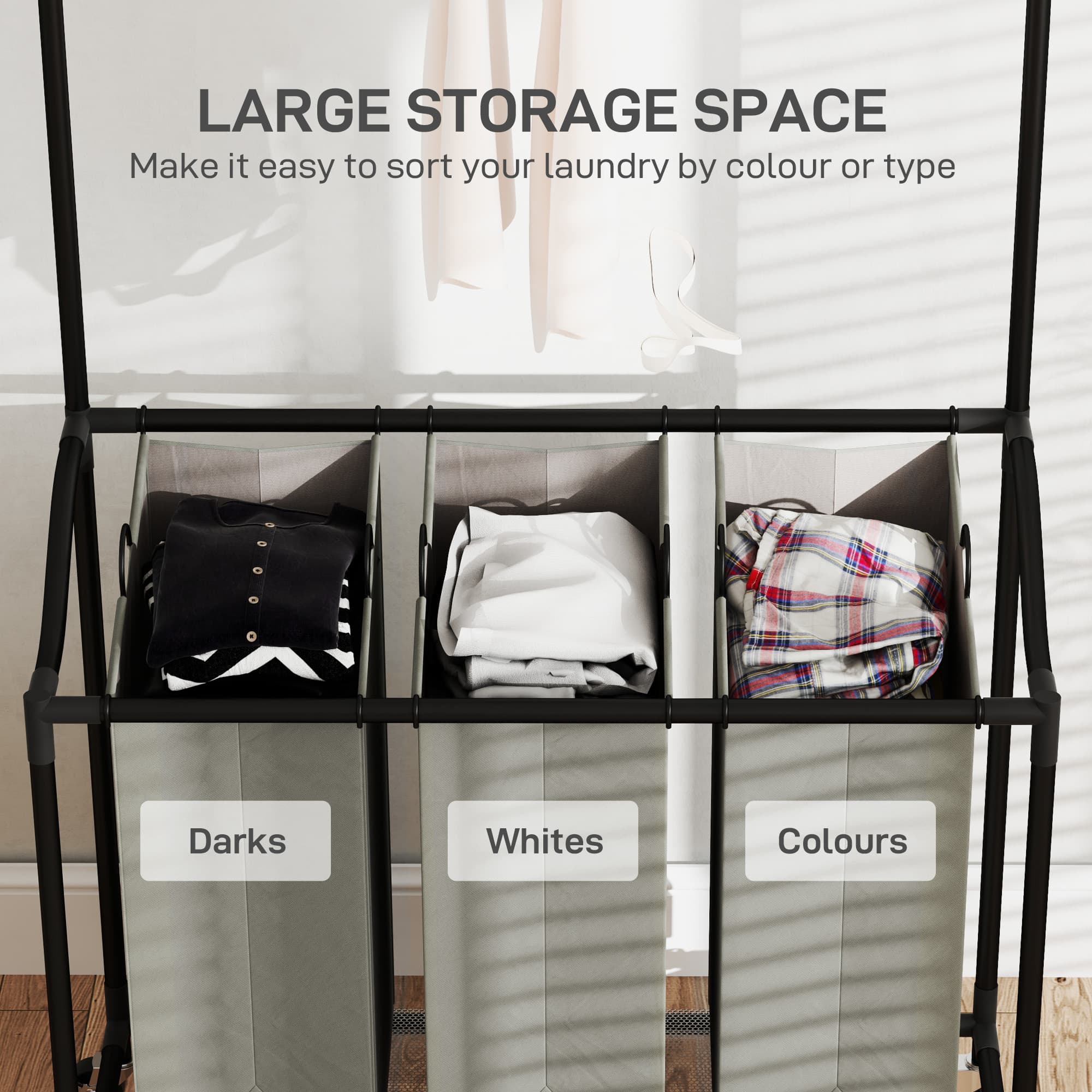 3-Bag Laundry Sorter with Hanging Rail and Wheels - image 4