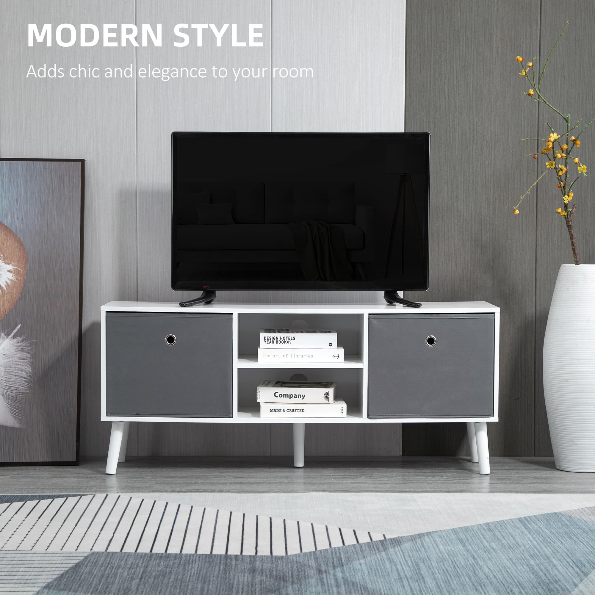 Modern White TV Unit with Removable Fabric Drawers - image 4