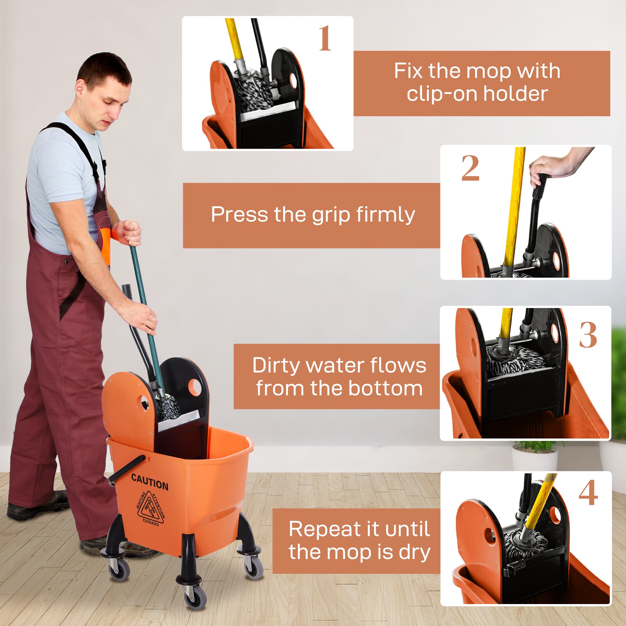 Orange mop bucket with wringer, handle and wheels - image 3