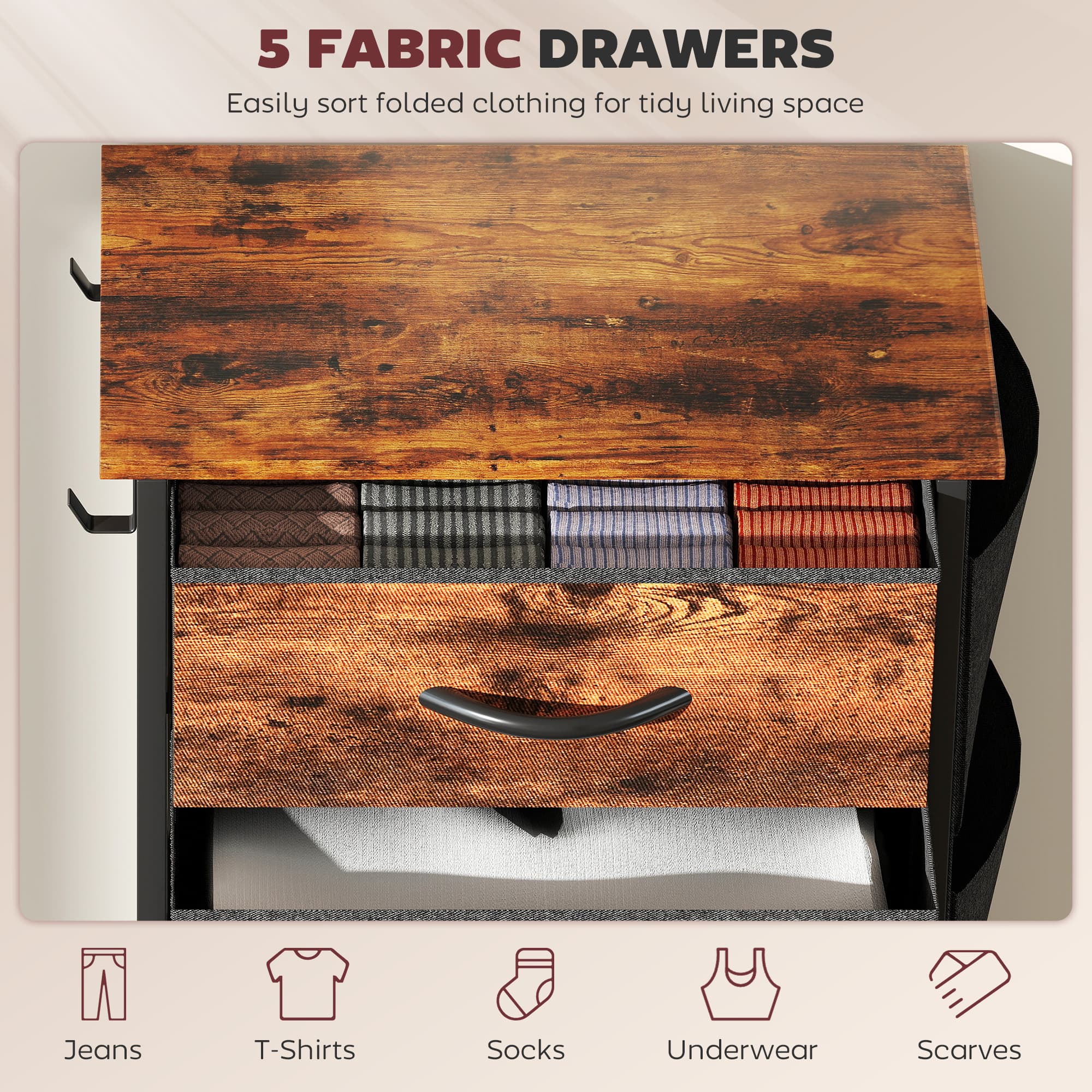 Fabric Chest of 5 Drawers in Rustic Brown — Bedroom Clothes Storage - image 8