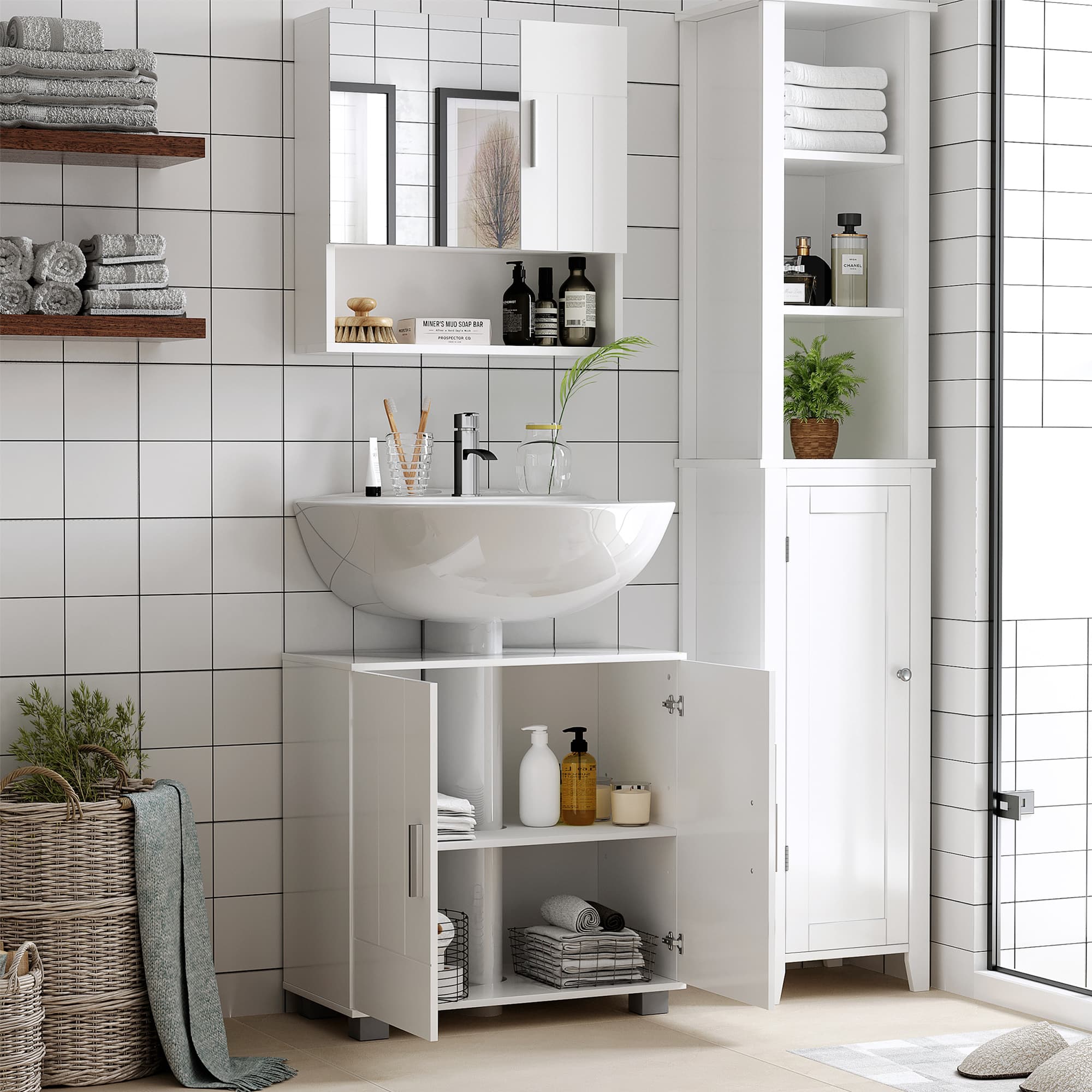 White Bathroom Mirror Cabinet with Storage - image 2