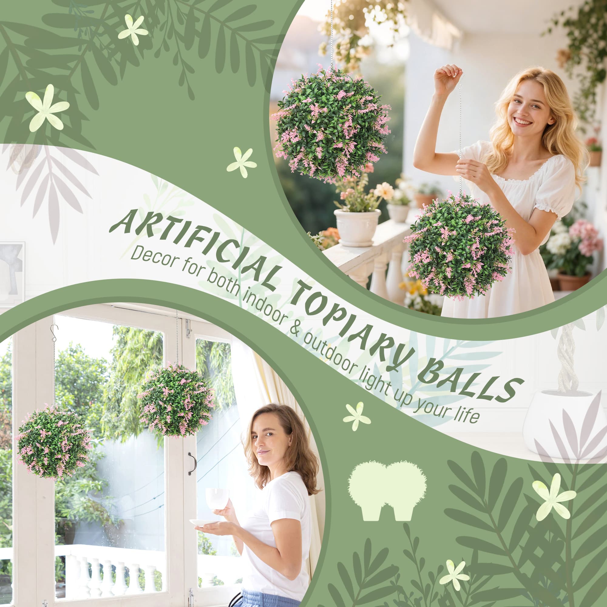 Set of 2 Artificial Topiary Balls with Pink Flowers - image 1