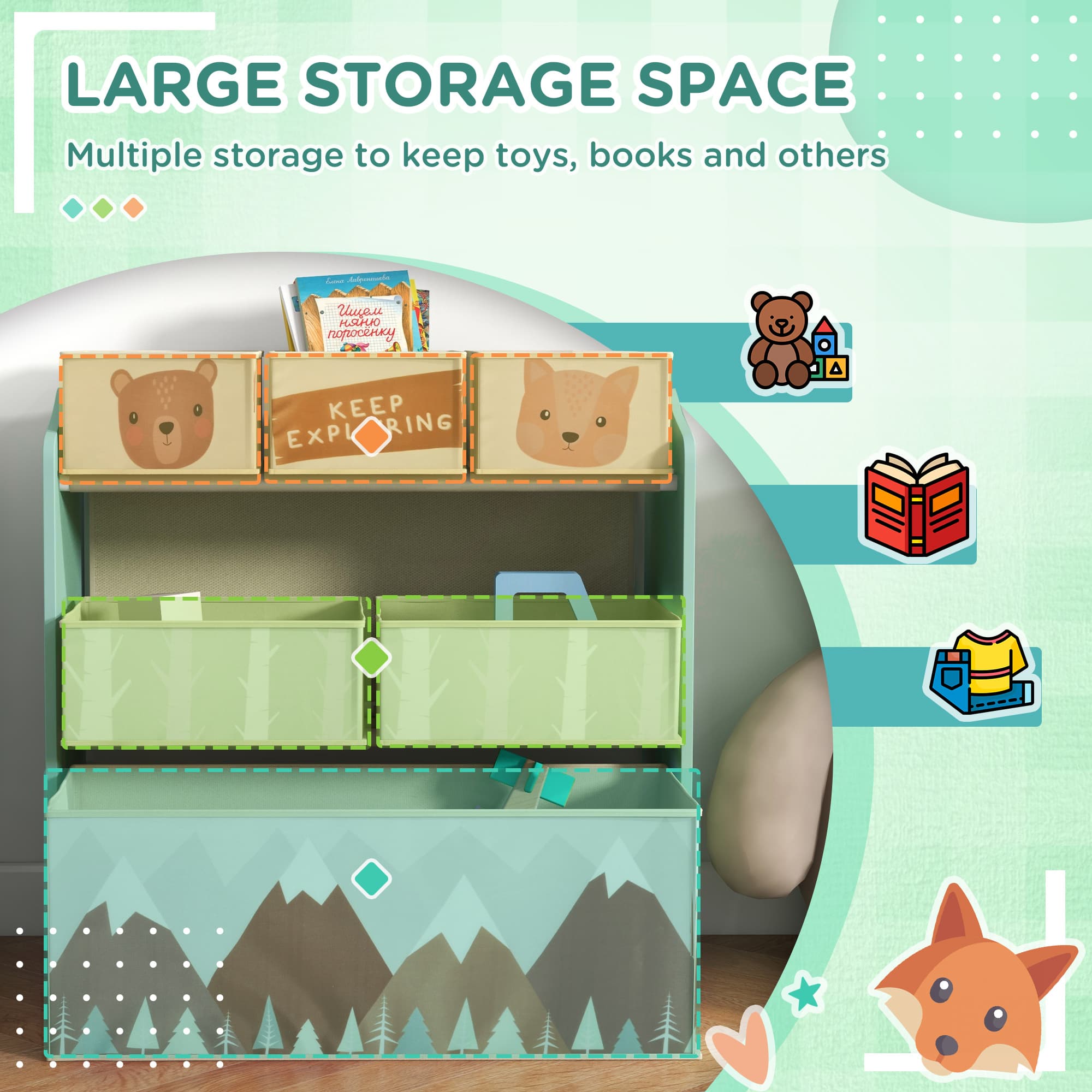 Kids Toy Storage Unit with Six Fabric Bins - image 7