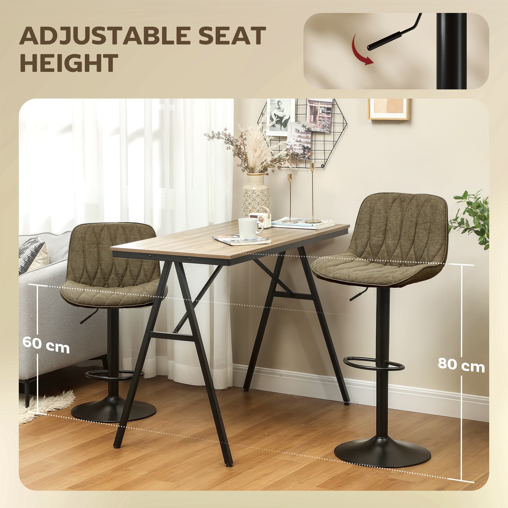 Premium Brown Linen-Look Adjustable Bar Stools - Set of Two - image 1