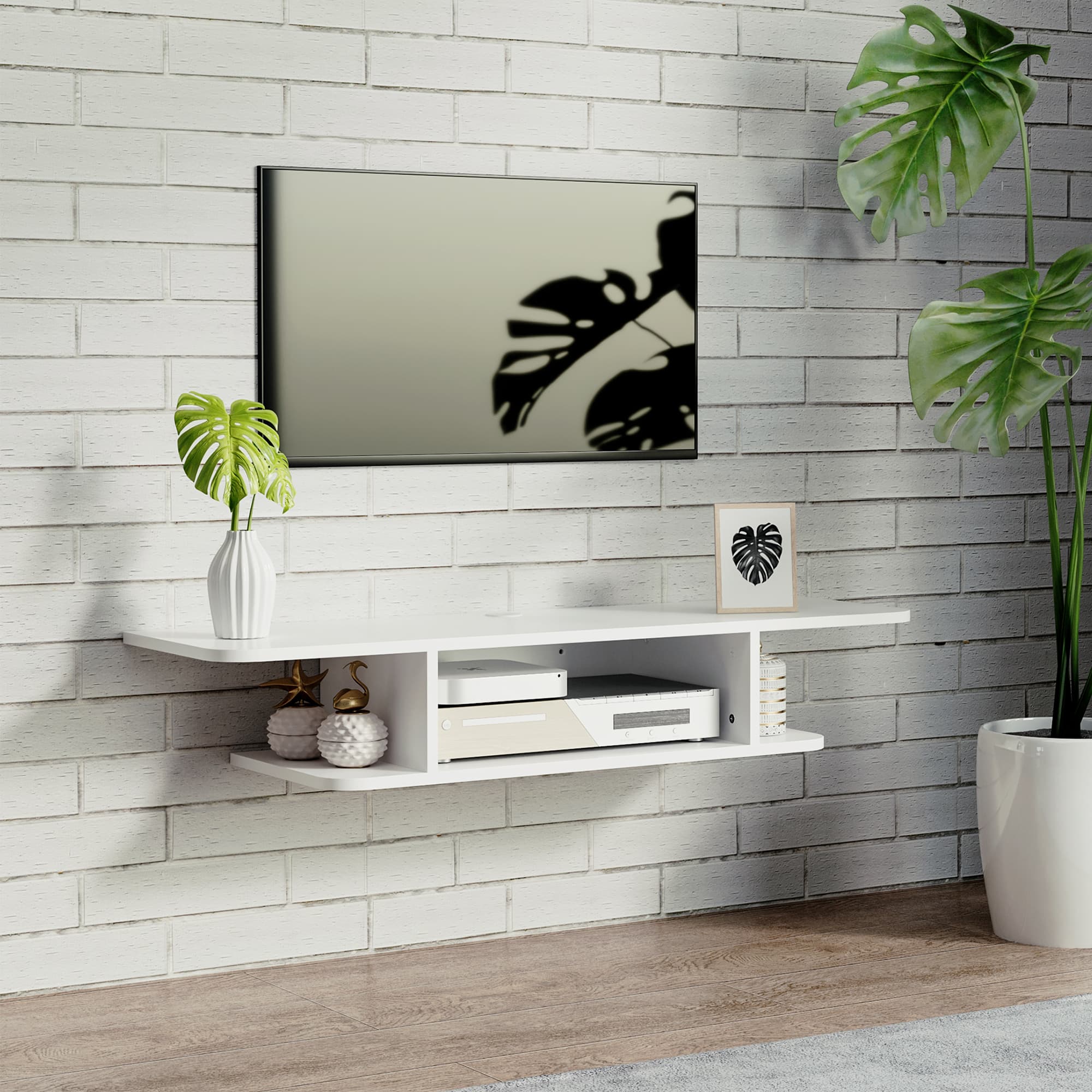 White floating TV shelf for compact media storage - image 3