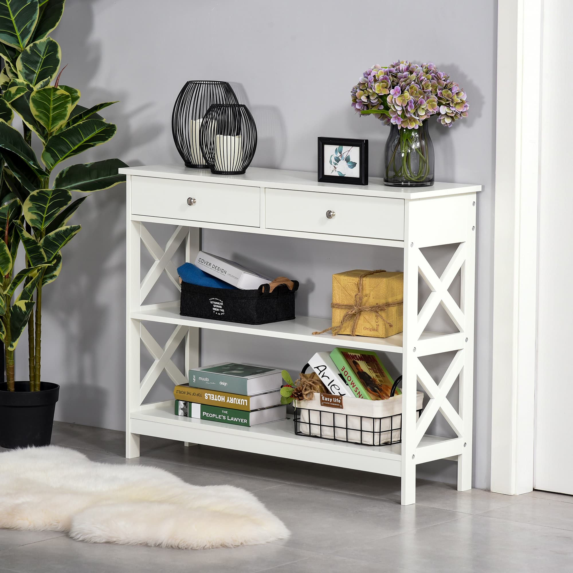 White X-Frame Console Table with Drawers and Open Shelves - image 9