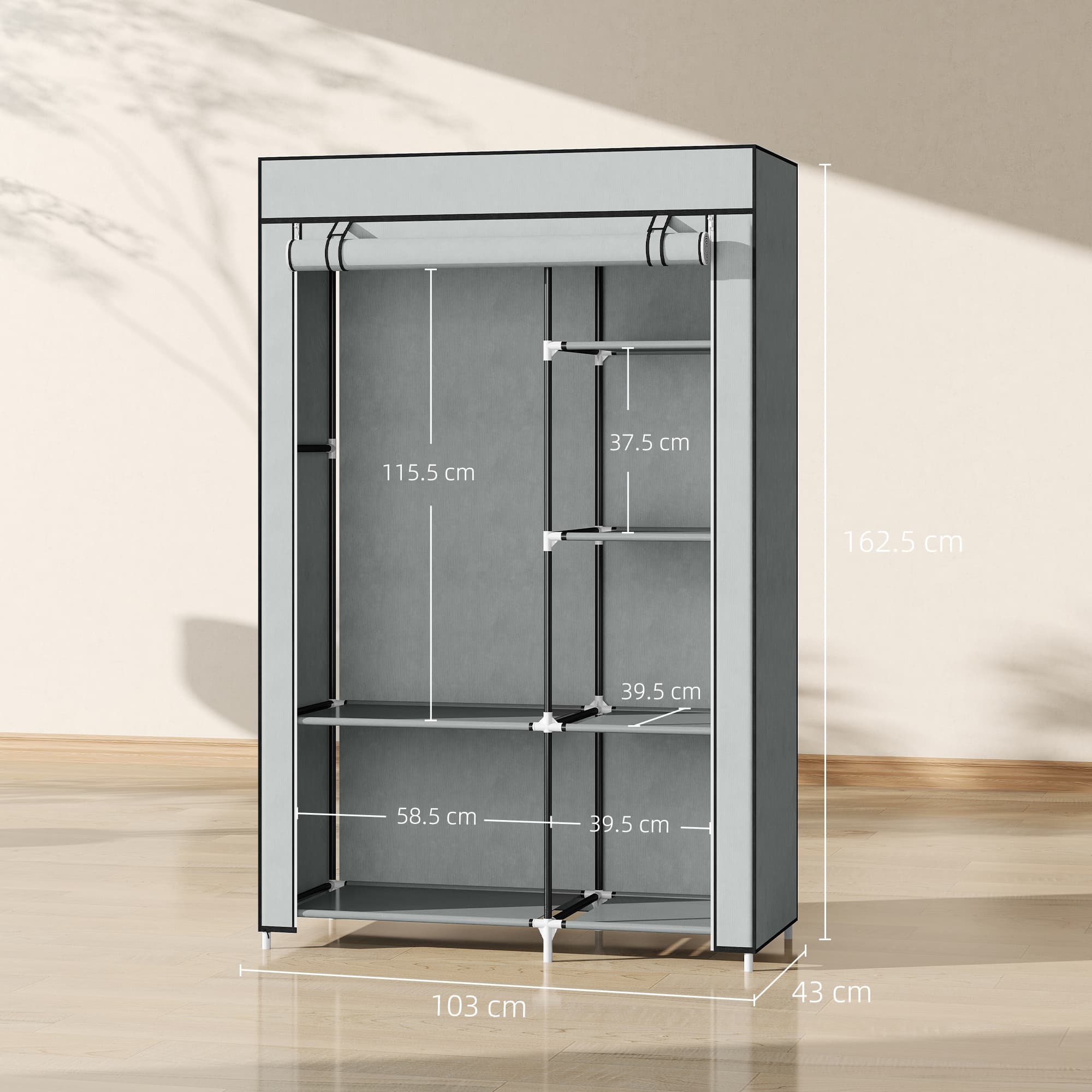 Light Grey Fabric Wardrobe with Rail and Six Shelves - image 10