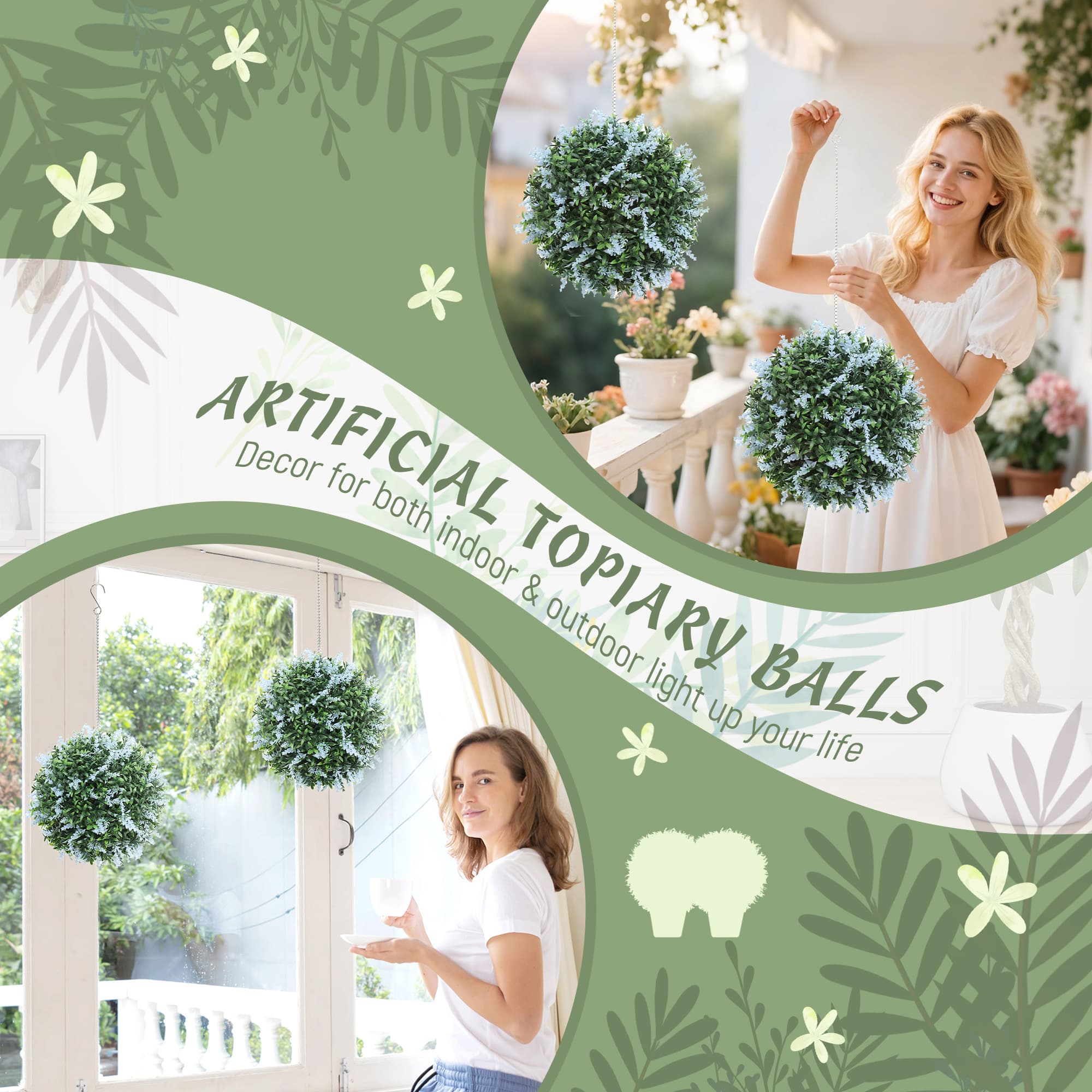 Pair of Artificial Blue-Flowered Topiary Balls with Hanging Chain - image 7