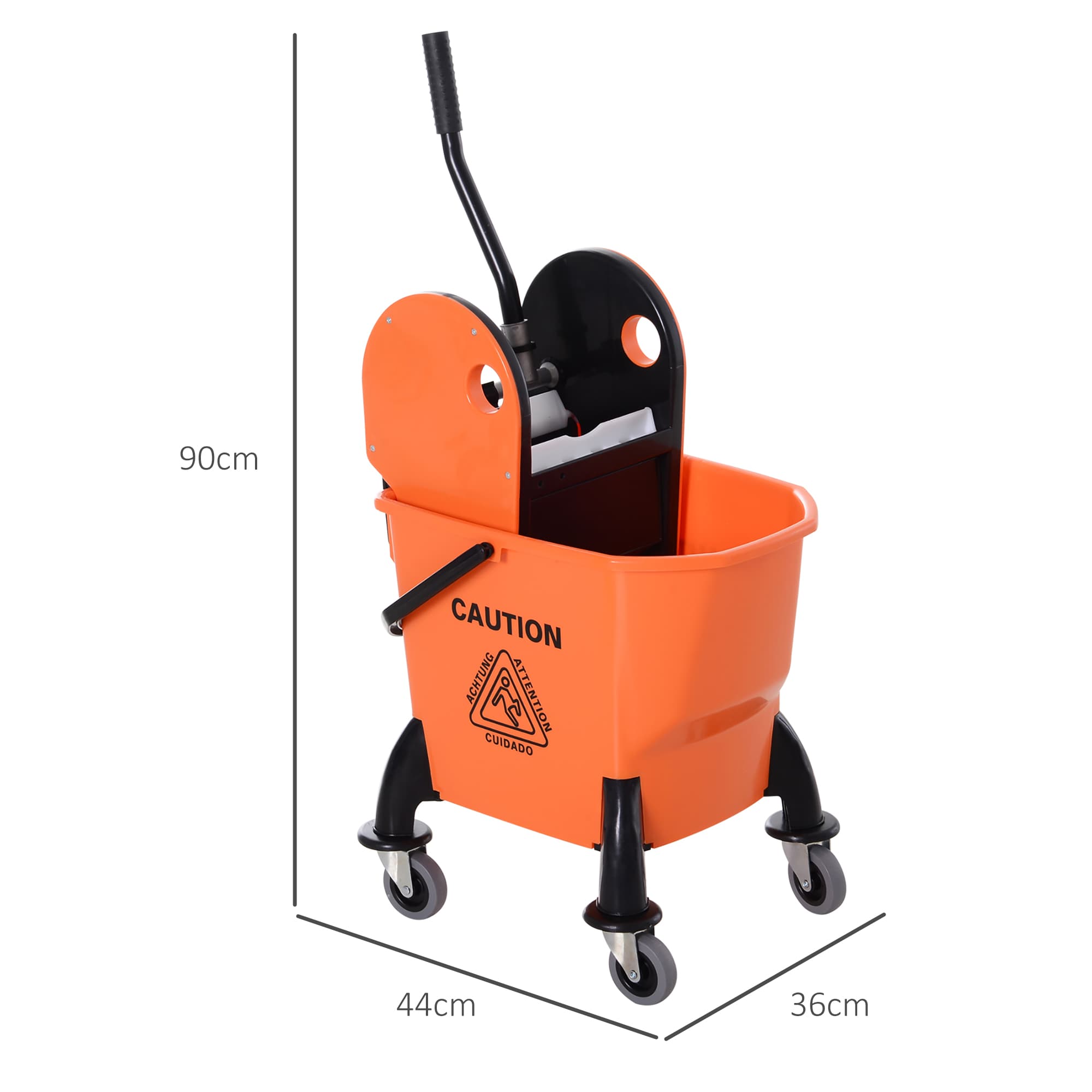 Orange mop bucket with wringer, handle and wheels - image 2