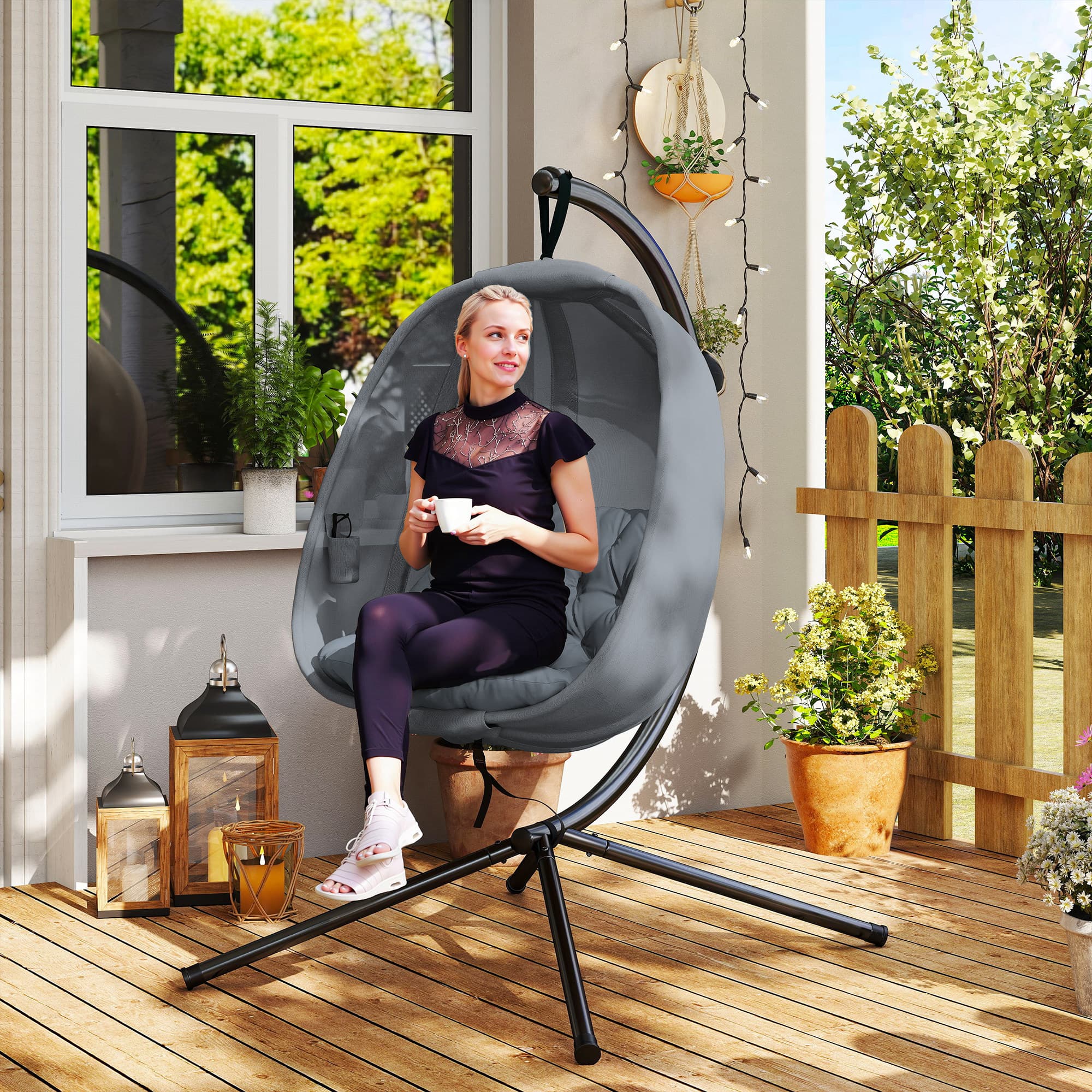 Relax in Style: Grey Hanging Egg Chair with Stand - image 2