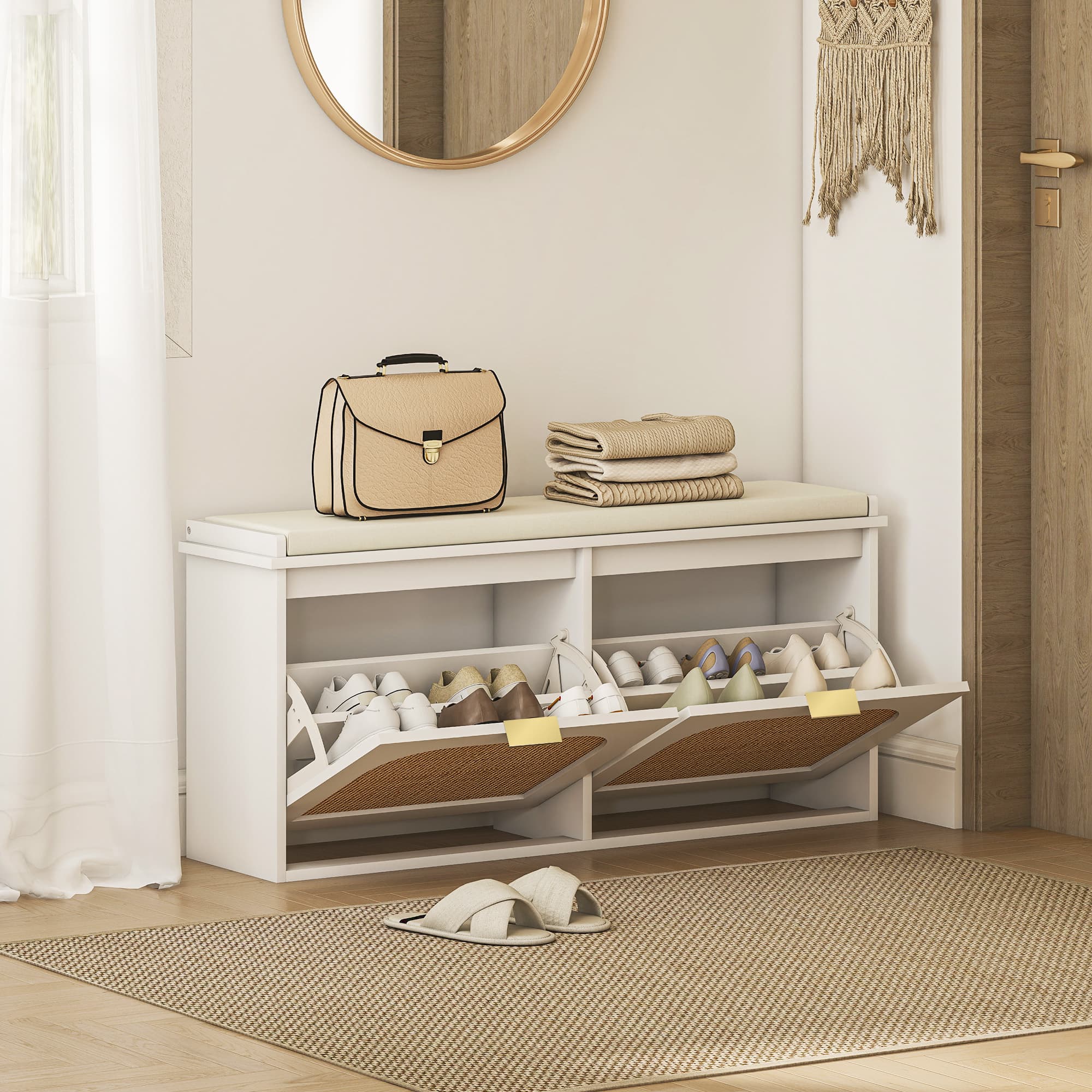Effortless Entryway Organisation: White Boho Shoe Bench - image 3