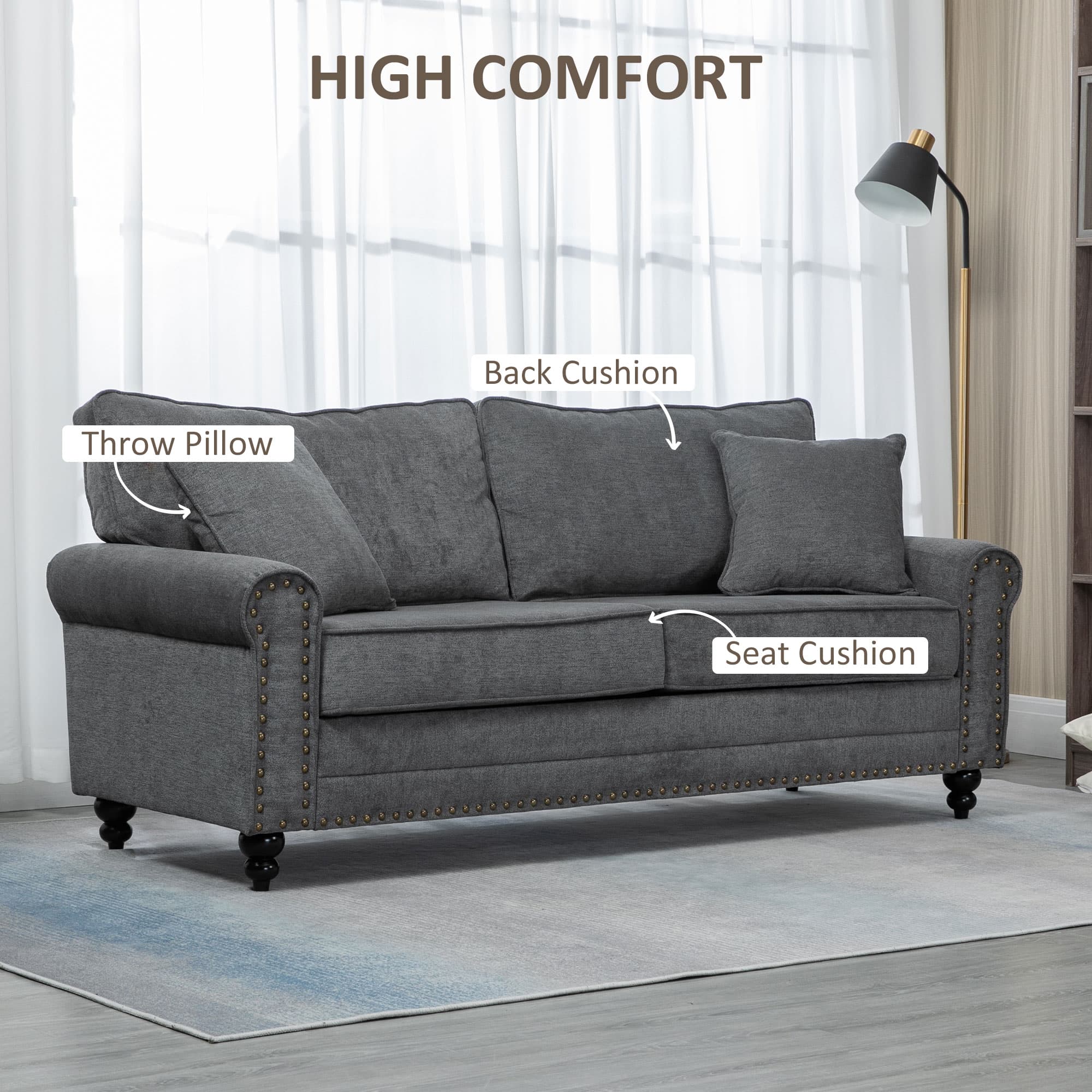 Elegant Grey 3 Seater Fabric Sofa with Nailhead Trim - image 1