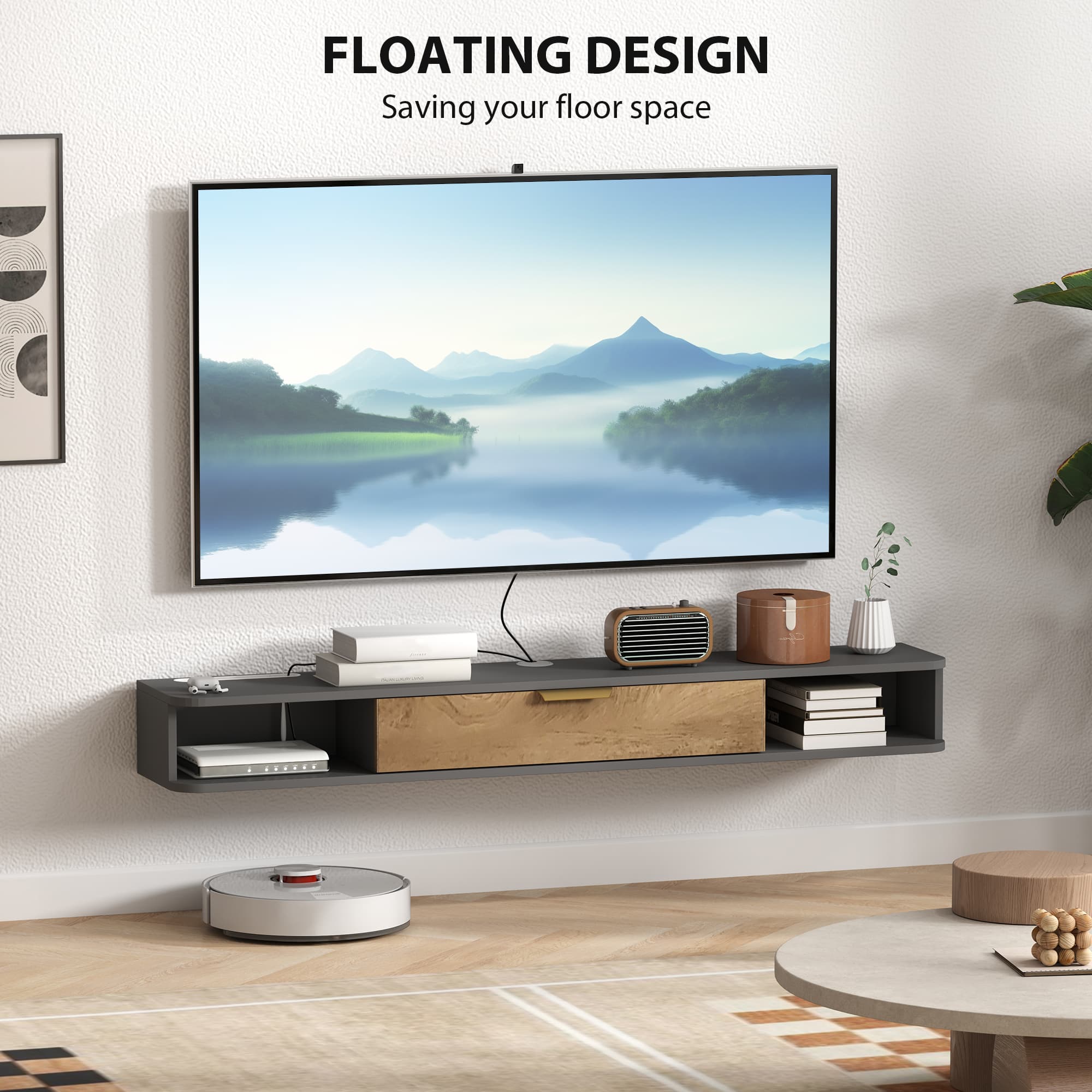 Wall-Mounted TV Stand with Open Shelves and Storage Door - image 10