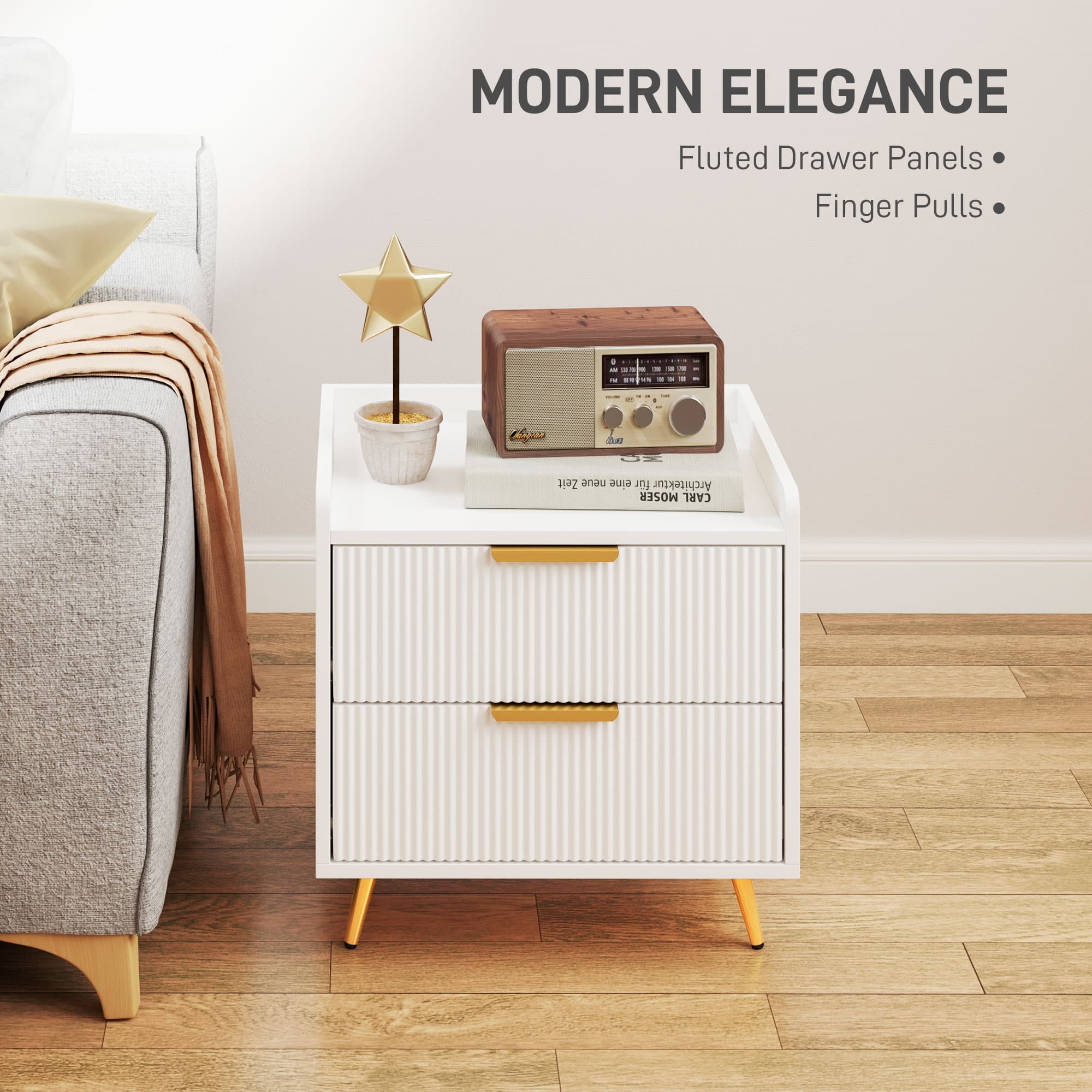 Elegant White Two-Drawer Bedside Tables with Gold Accents - image 2