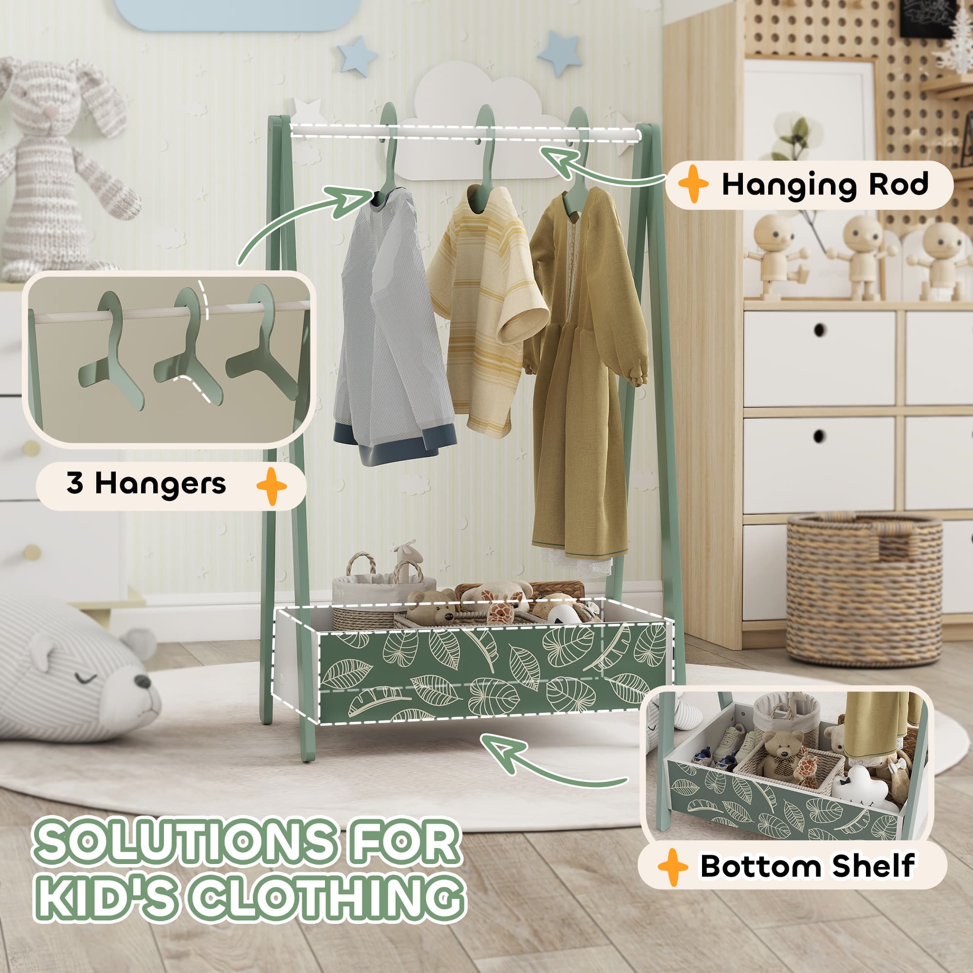 A children's clothing rack with leaf print storage box and hangers - image 7