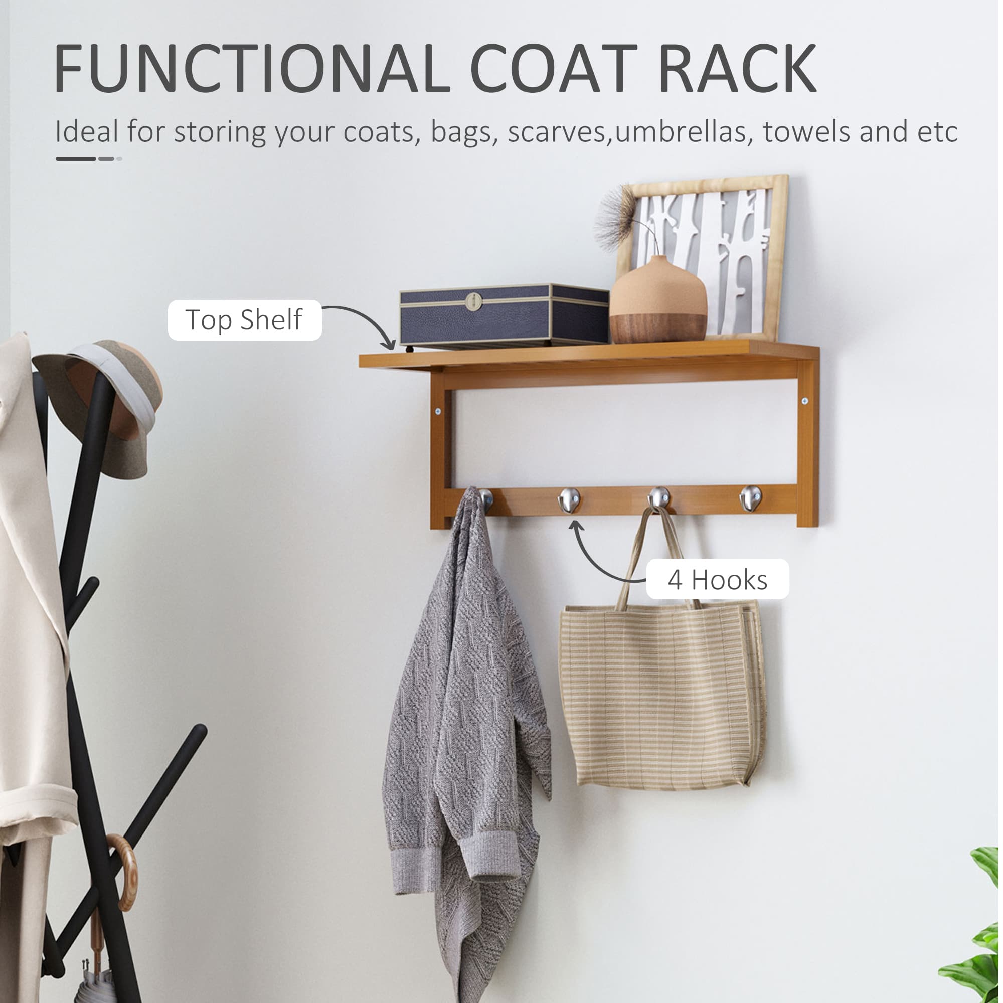 Bamboo Coat Rack with Shelf — 4 Wall-Mounted Double Hooks - image 9